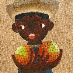 Vintage Folk Art Mexican Boy Oil Painting on Burlap Charming Naive African American Art