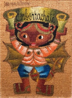 Pintura al Óleo "Emborrachate" de Niña Mexicana de Arte Popular sobre Arpillera