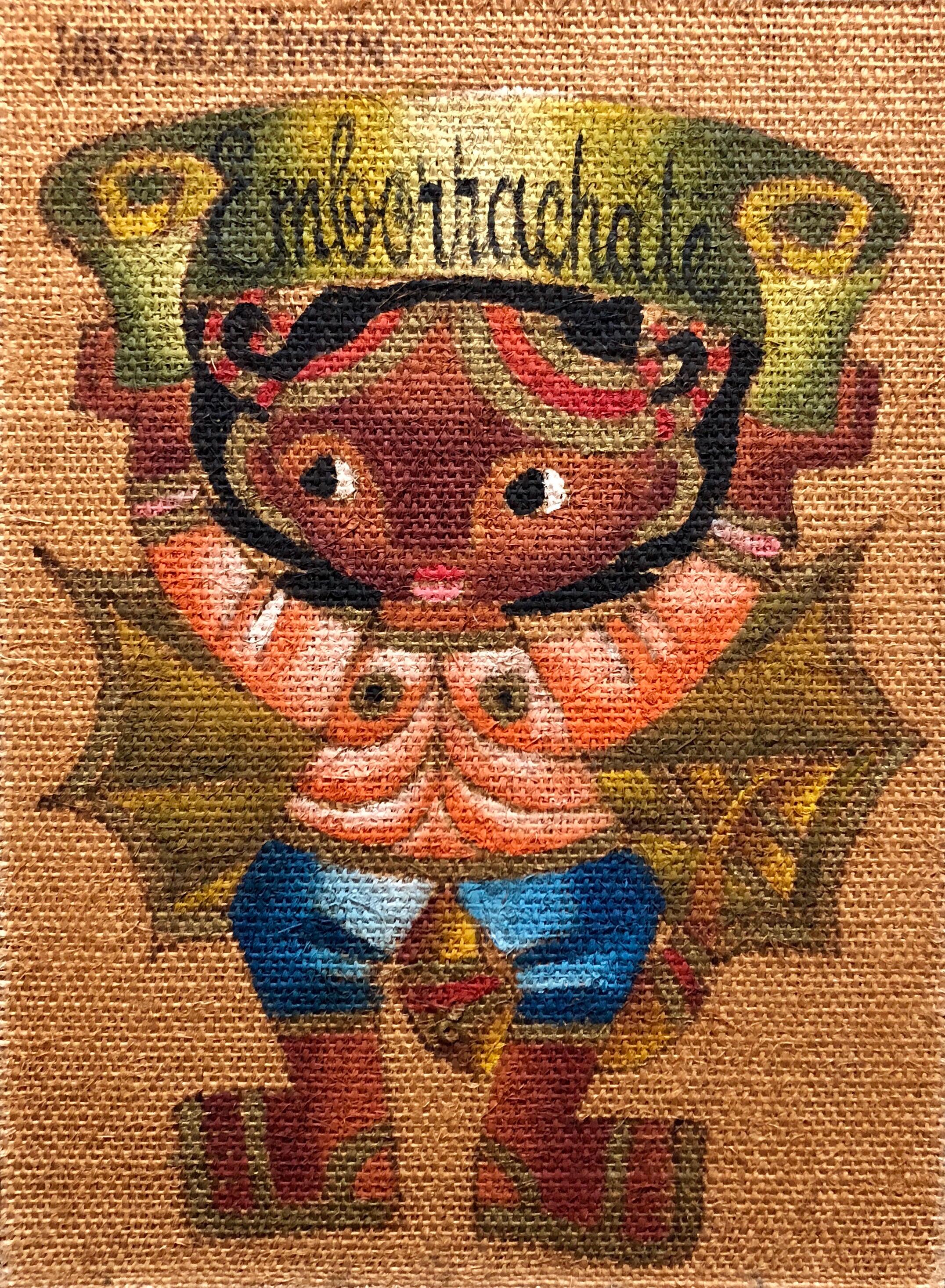 Pintura al Óleo "Emborrachate" de Niña Mexicana de Arte Popular sobre Arpillera