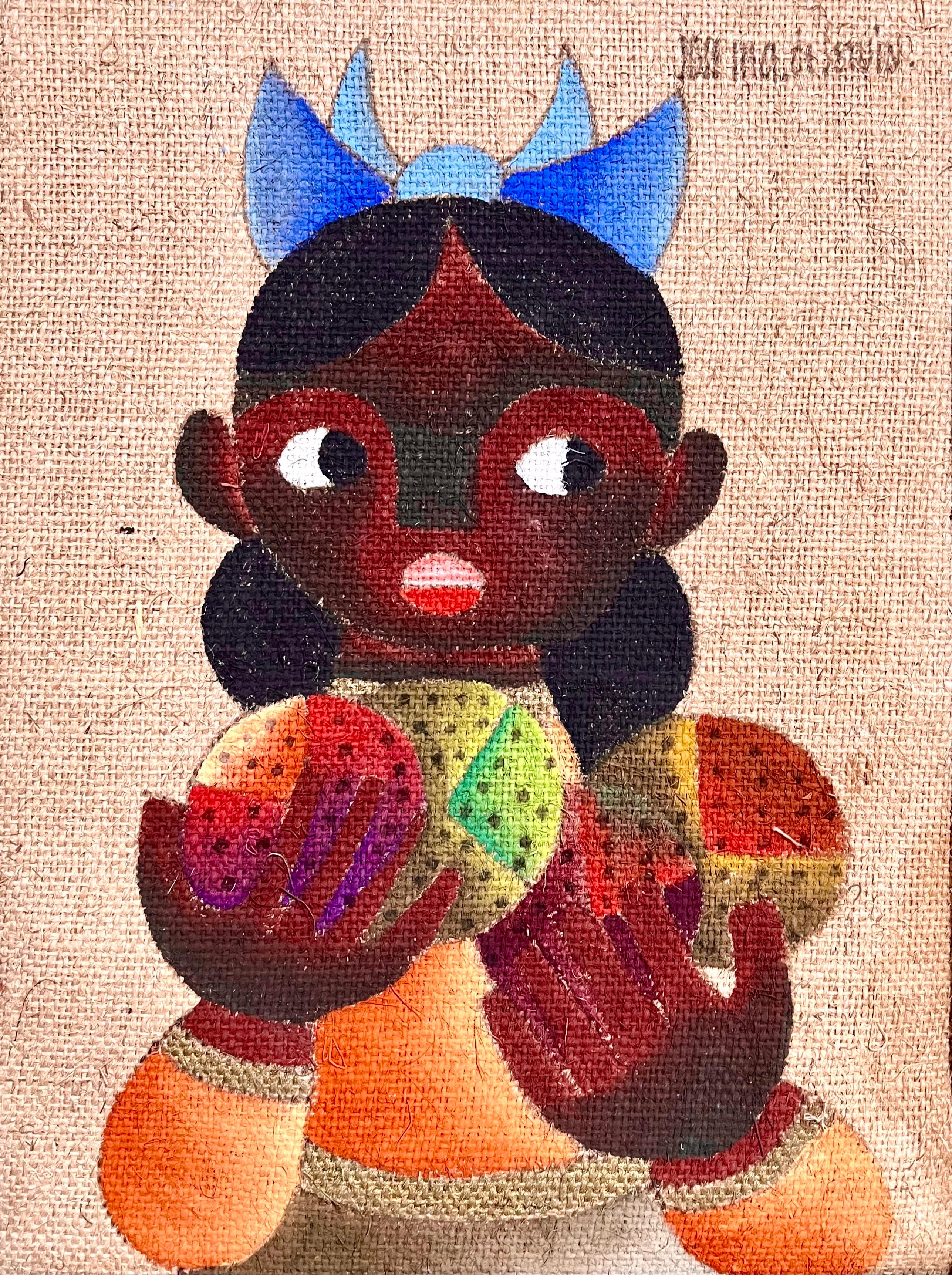 Folk Art Mexican Girl Ölgemälde auf Burlap Charming Naive African American Art – Painting von Jose Maria de Servin