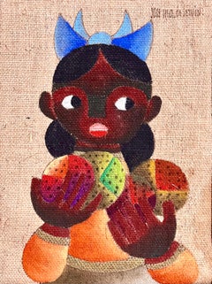 Art populaire Fille mexicaine Peinture à l'huile sur toile de jute Charmant art naïf afro-américain