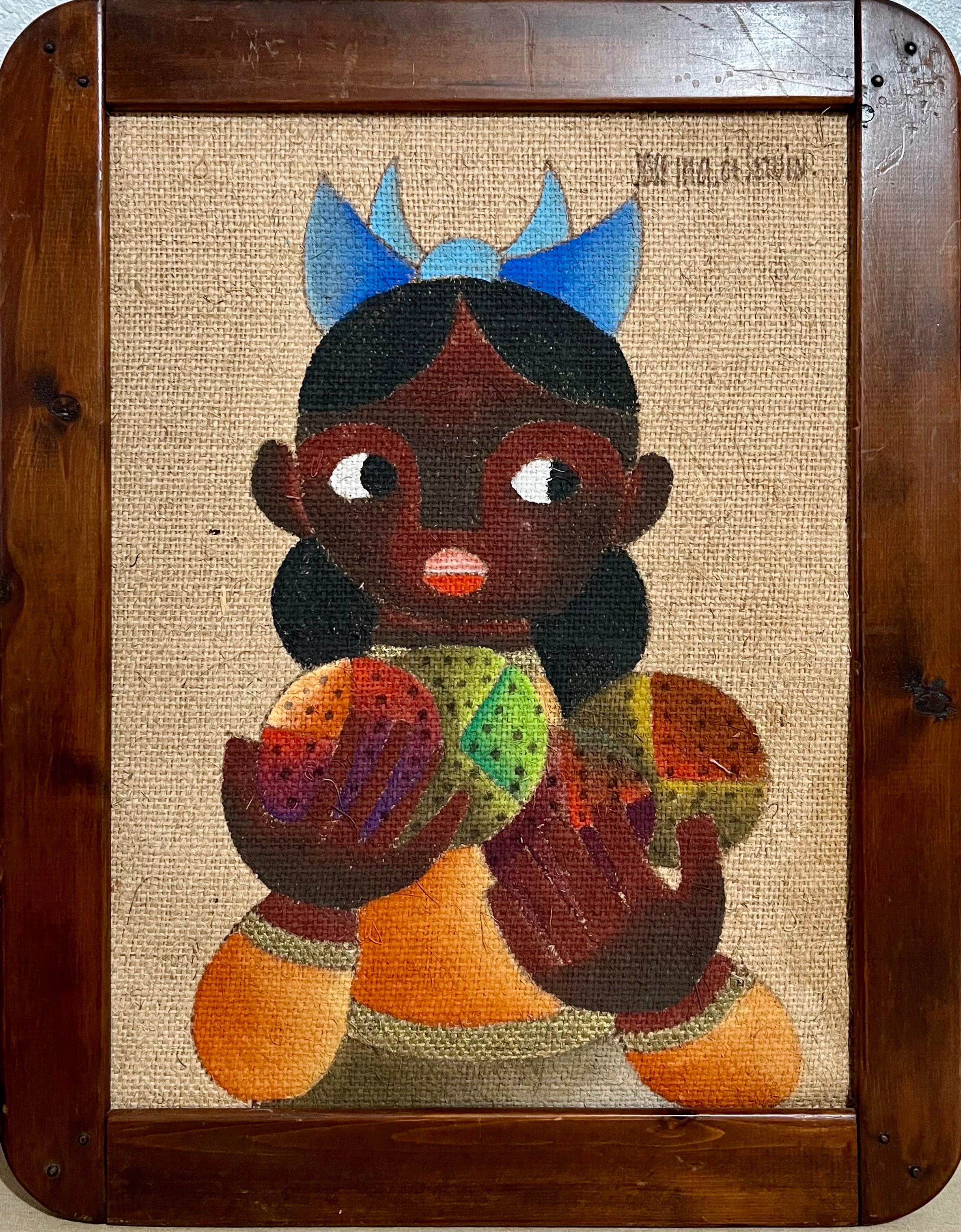 Folk Art Mexican Girl Ölgemälde auf Burlap Charming Naive African American Art (Volkskunst), Painting, von Jose Maria de Servin