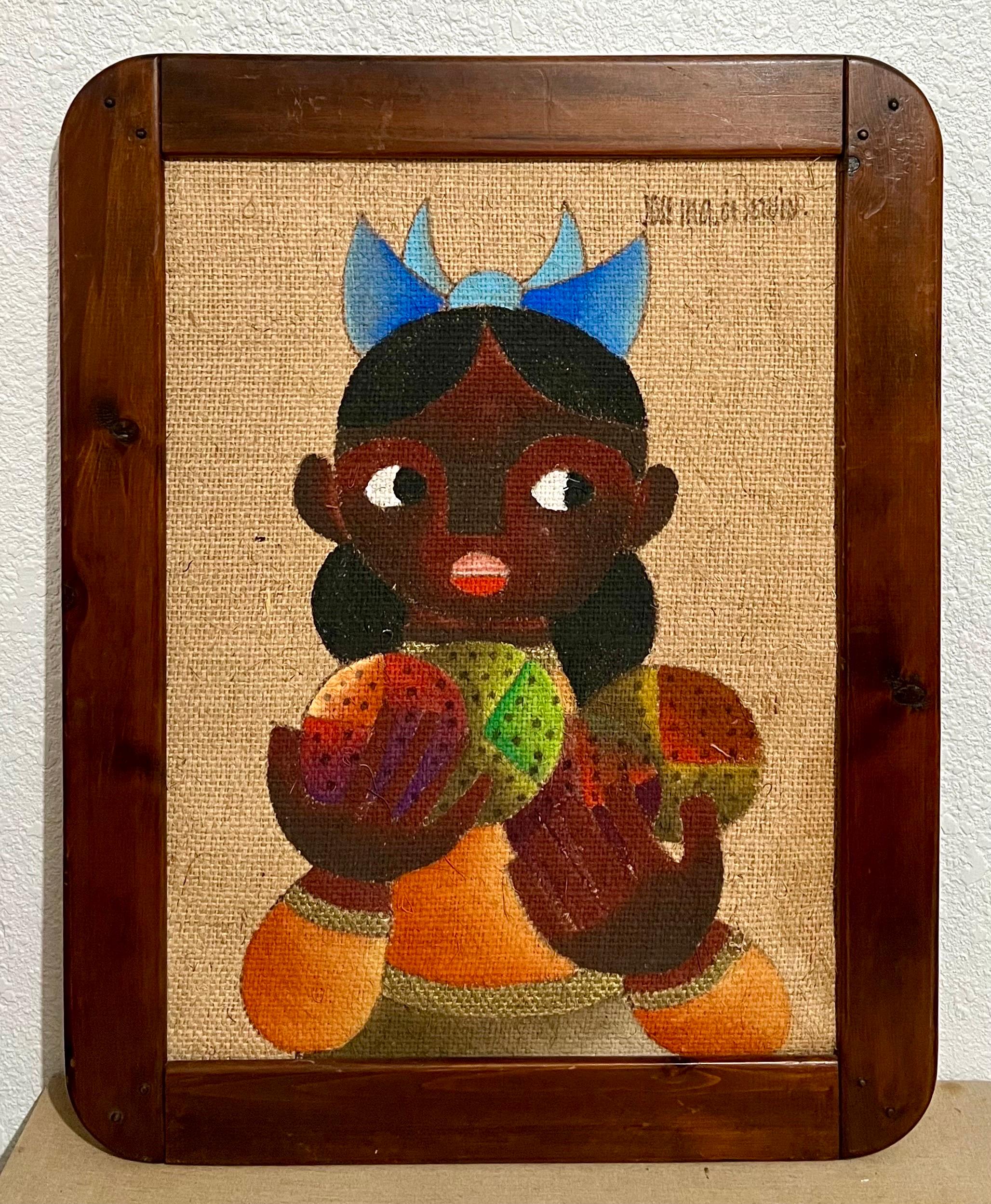 Folk Art Mexican Girl Oil Painting on Burlap Charming Naive African American Art For Sale 1