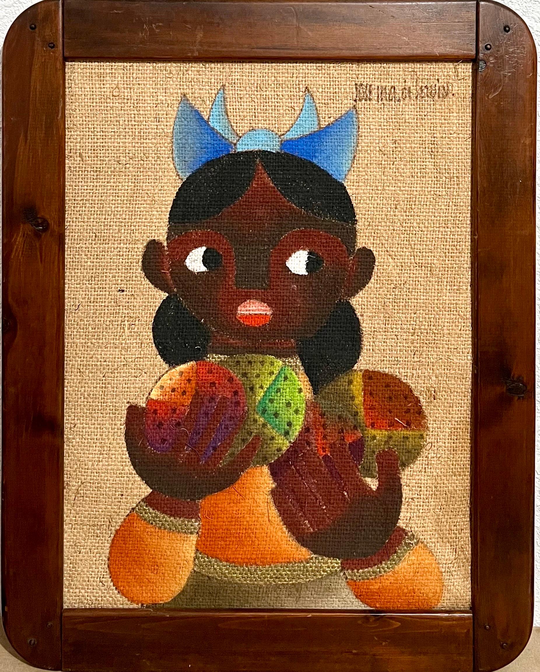 Jose Maria de Servin Figurative Painting - Folk Art Mexican Girl Oil Painting on Burlap Charming Naive African American Art