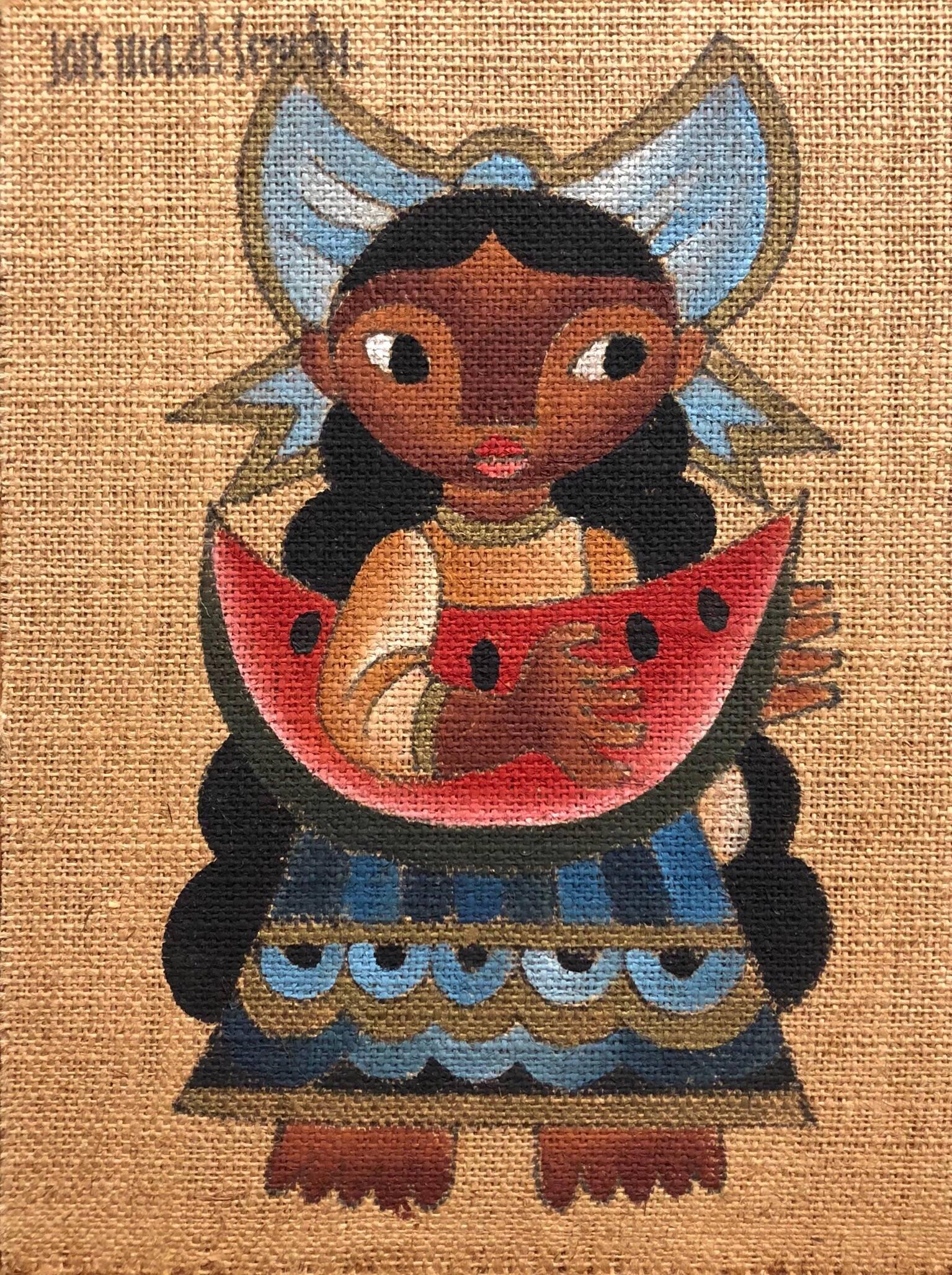 Folk Art Mexikanisches Mädchen mit Wassermelone Ölgemälde auf Sackleinen – Painting von Jose Maria de Servin