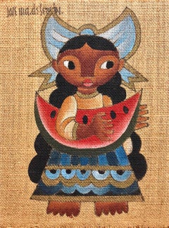 Peinture à l'huile sur toile - Art populaire mexicain - Jeune fille mexicaine avec du melon d'eau