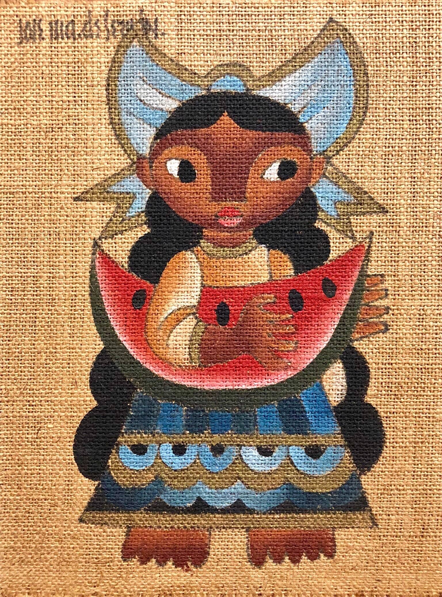 Art populaire - Fille mexicaine avec pastèque Peinture à l'huile sur toile de jute