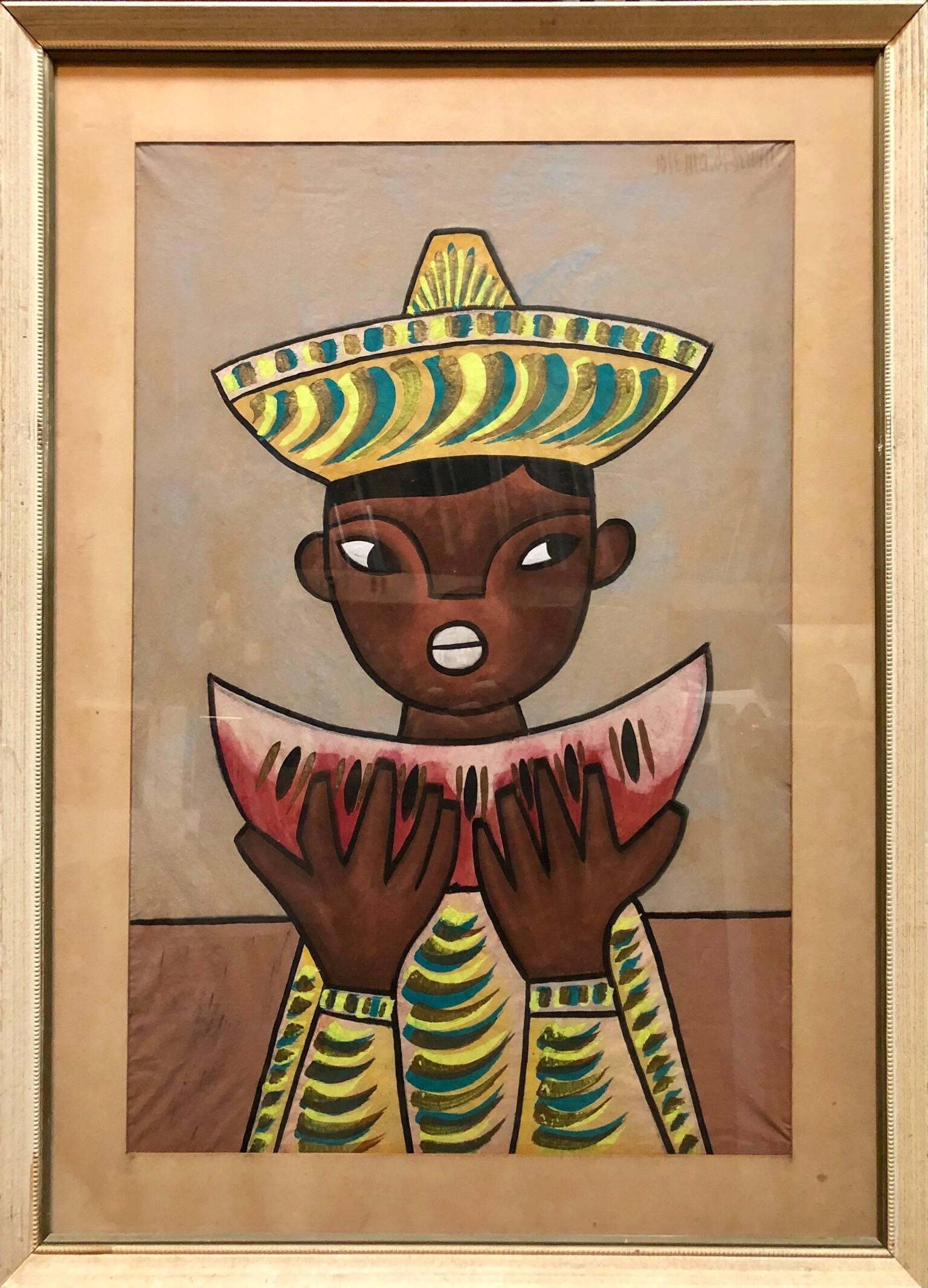 Mexikanisches modernistisches Gemälde eines Jungen mit Aquarellfarben (Volkskunst), Painting, von Jose Maria de Servin
