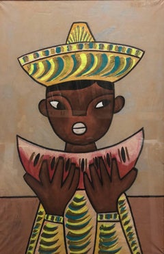 Vintage Mexican Modernist Painting Boy with Watermelon