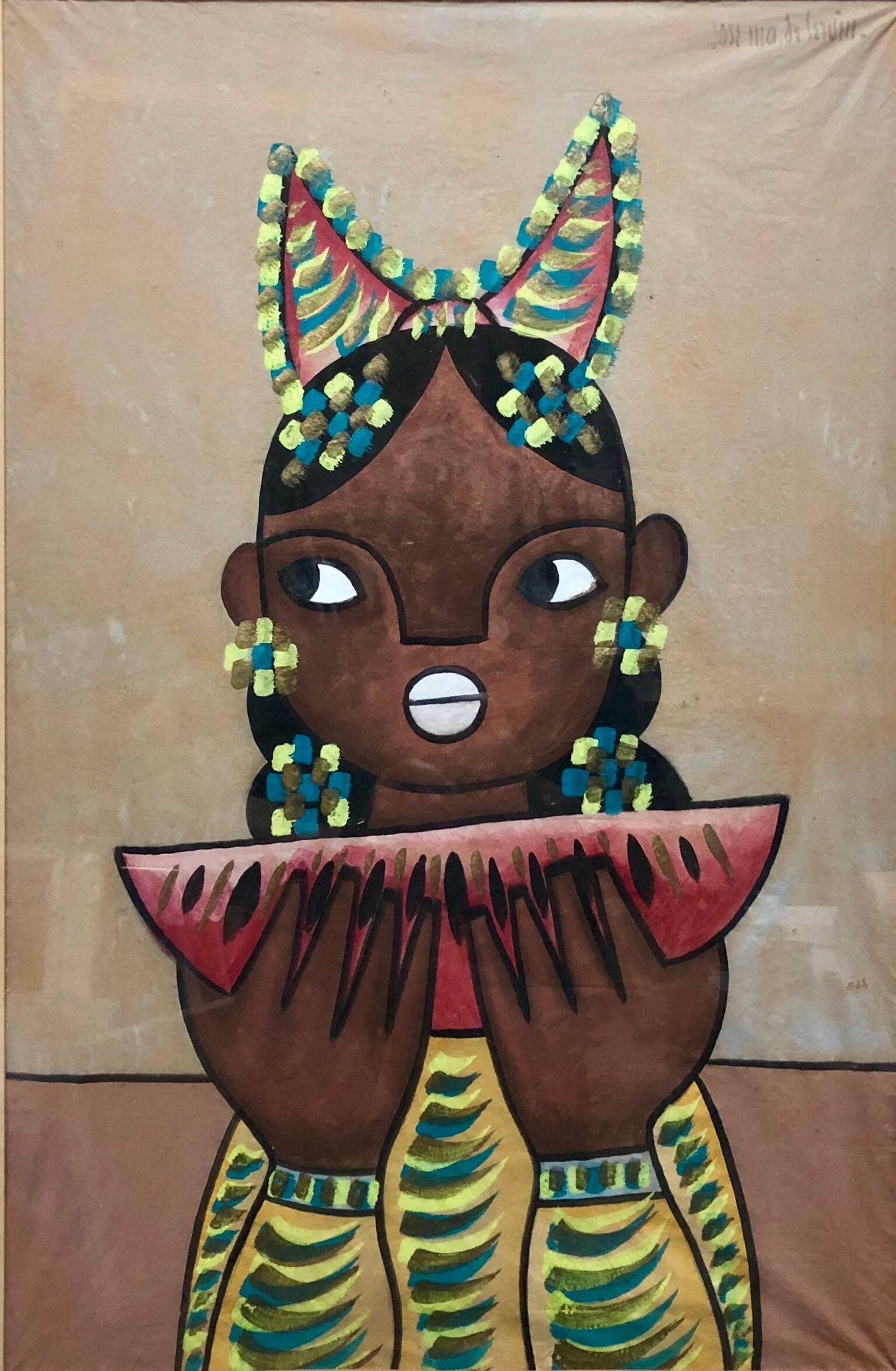 Mexican Modernist Painting Girl with Watermelon