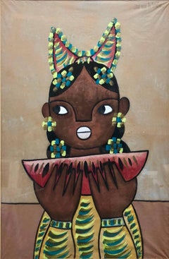 Vintage Mexican Modernist Painting Girl with Watermelon
