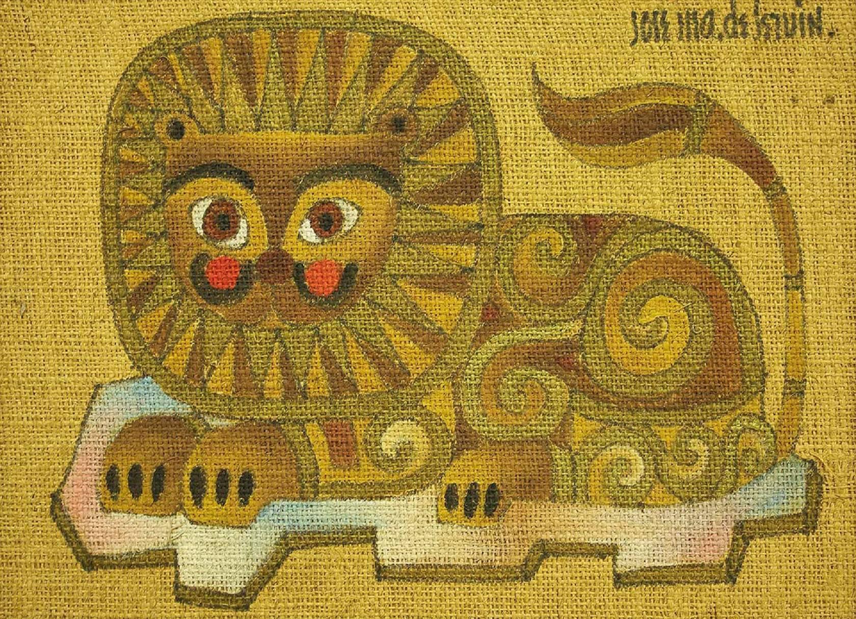 Art populaire mexicain fantaisiste peinture de lion Animalia - Painting de Jose Maria de Servin