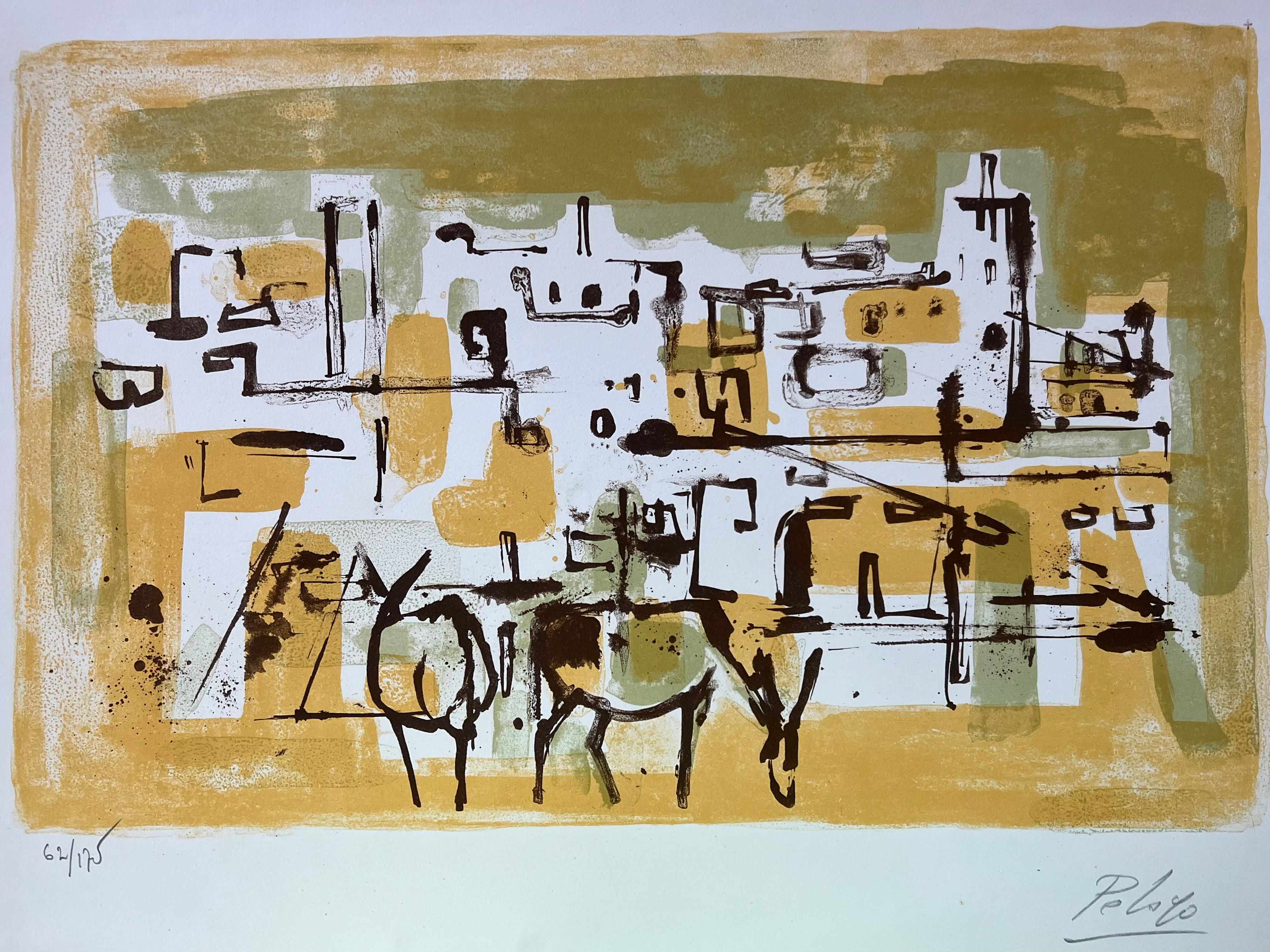 Jose Maria Pelayo Figurative Painting - untitled    abstract village with horses , original lithograph