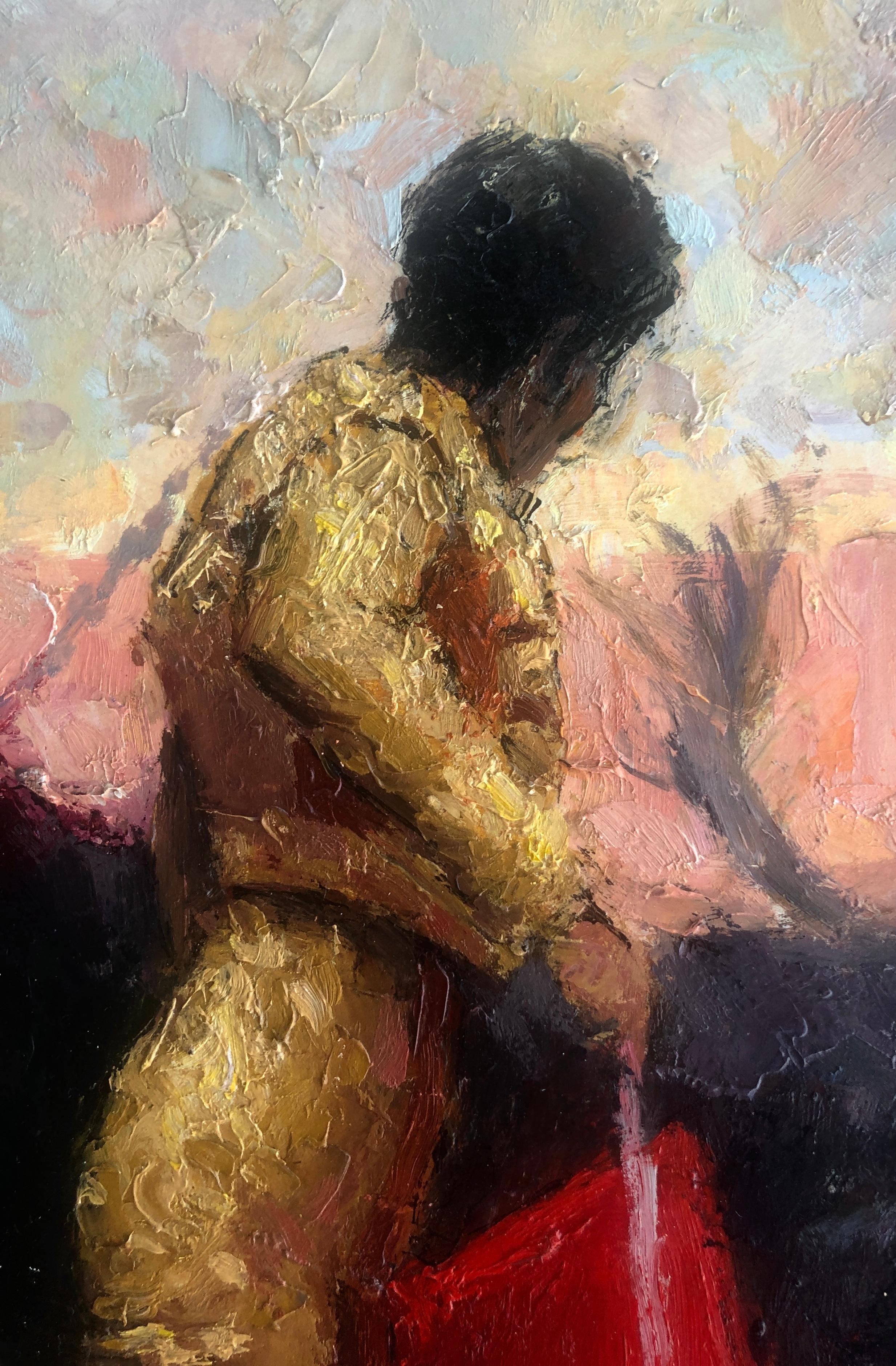 bullfighter and bull oil on board painting - Black Figurative Painting by Jose Maria Tuser Vazquez