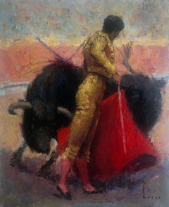 bullfighter and bull oil on board painting