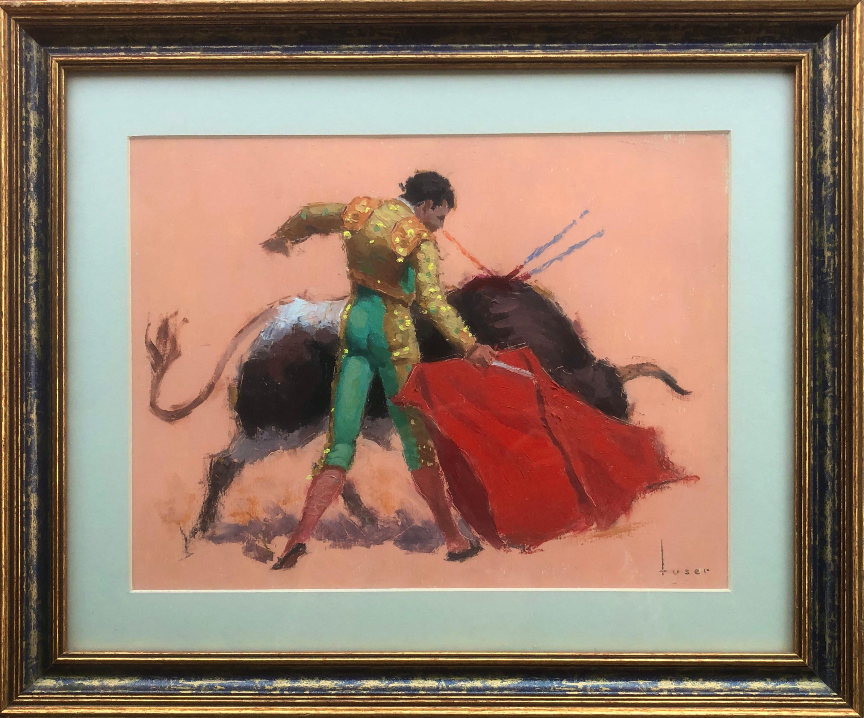 bullfighter and bull oil on cardboard painting - Painting by Jose Maria Tuser Vazquez