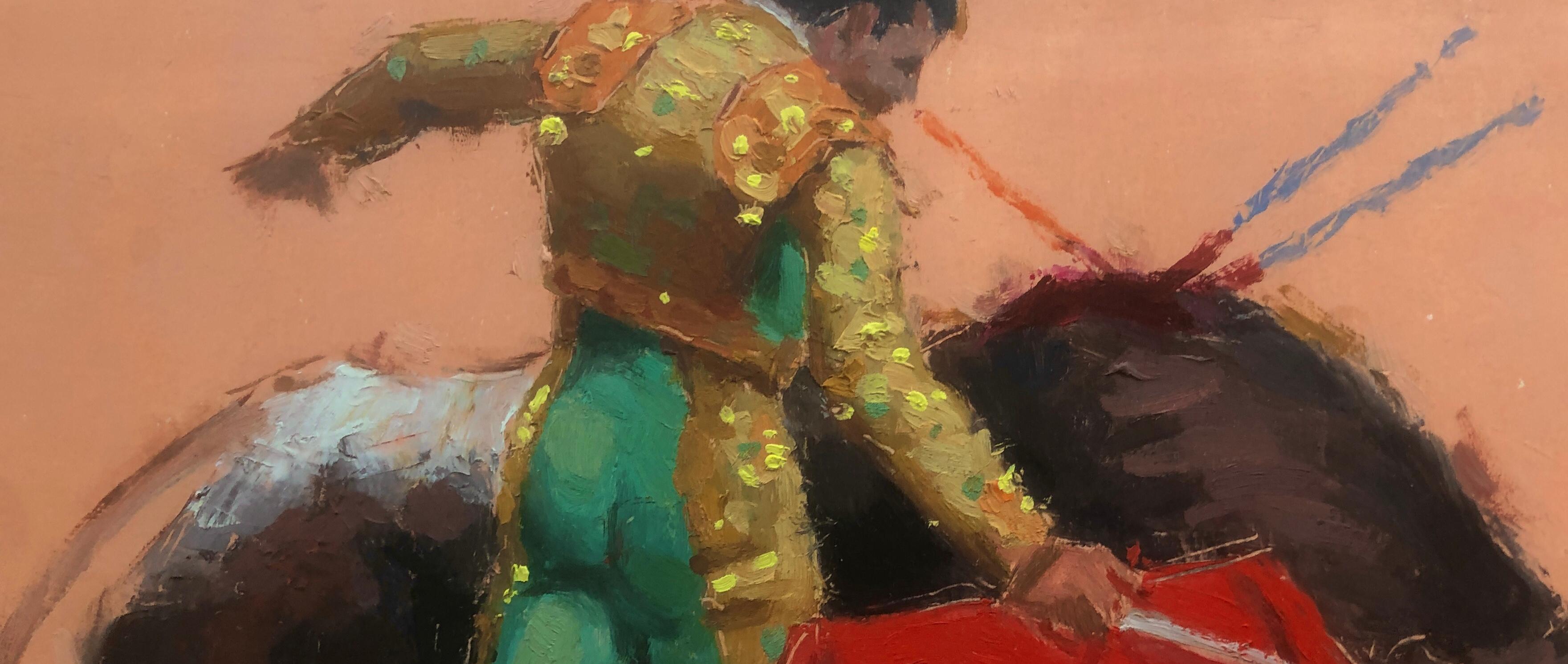bullfighter and bull oil on cardboard painting For Sale 1