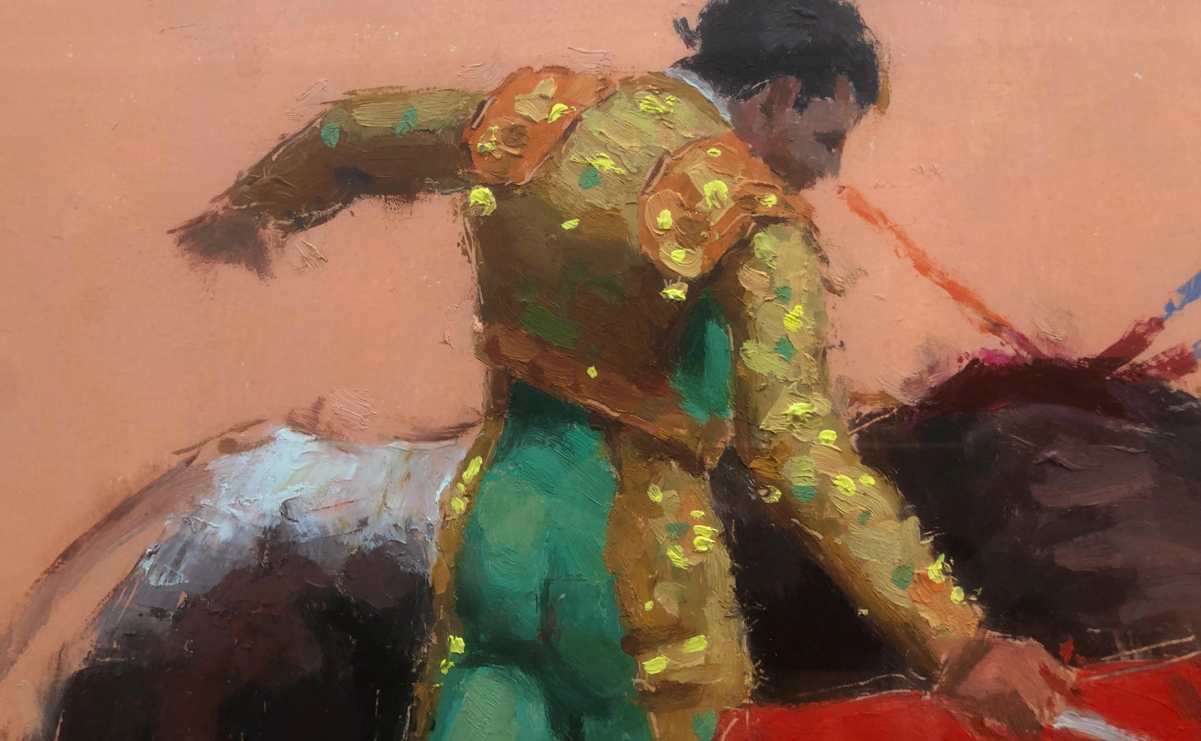 bullfighter and bull oil on cardboard painting For Sale 2
