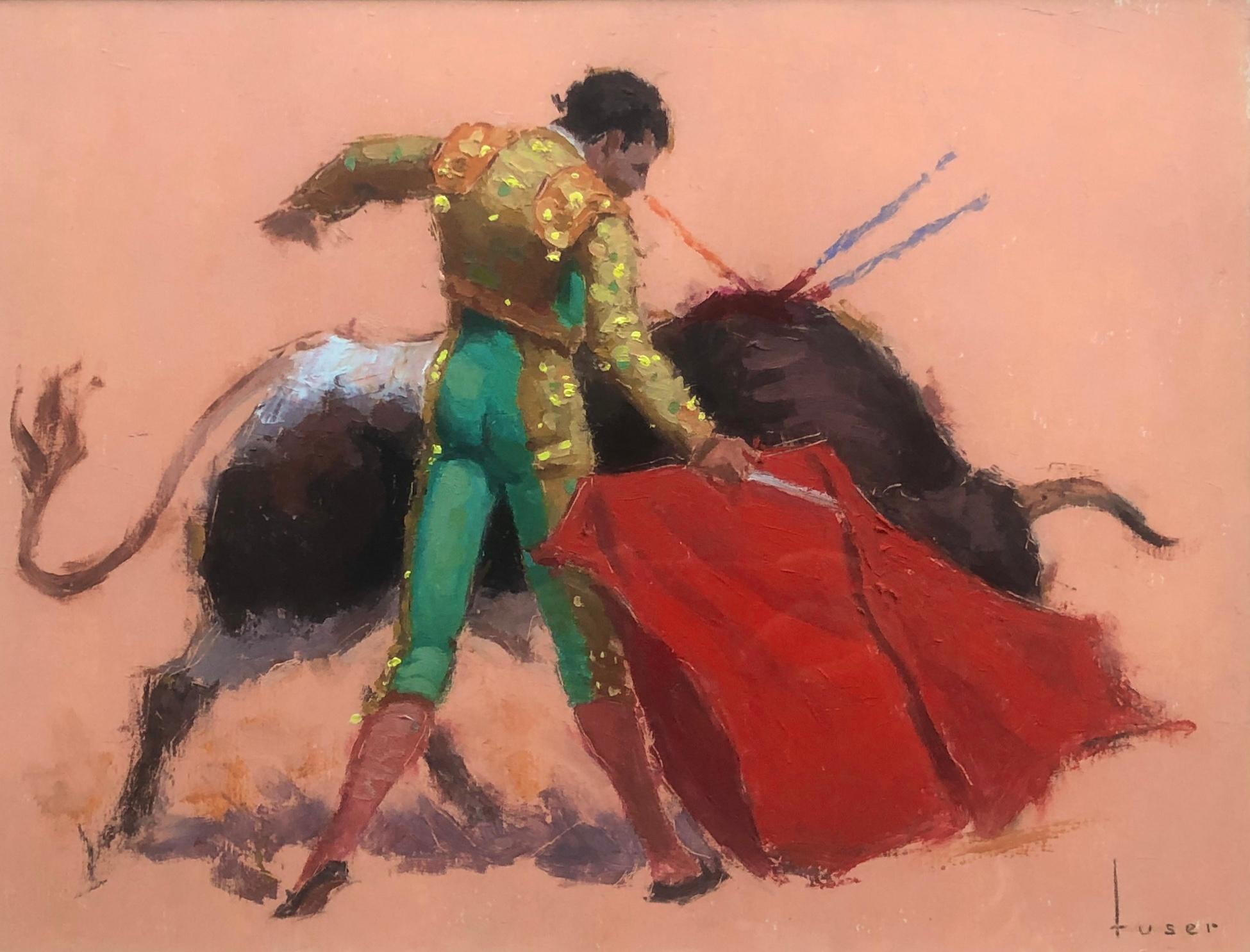 Jose Maria Tuser Vazquez Figurative Painting - bullfighter and bull oil on cardboard painting