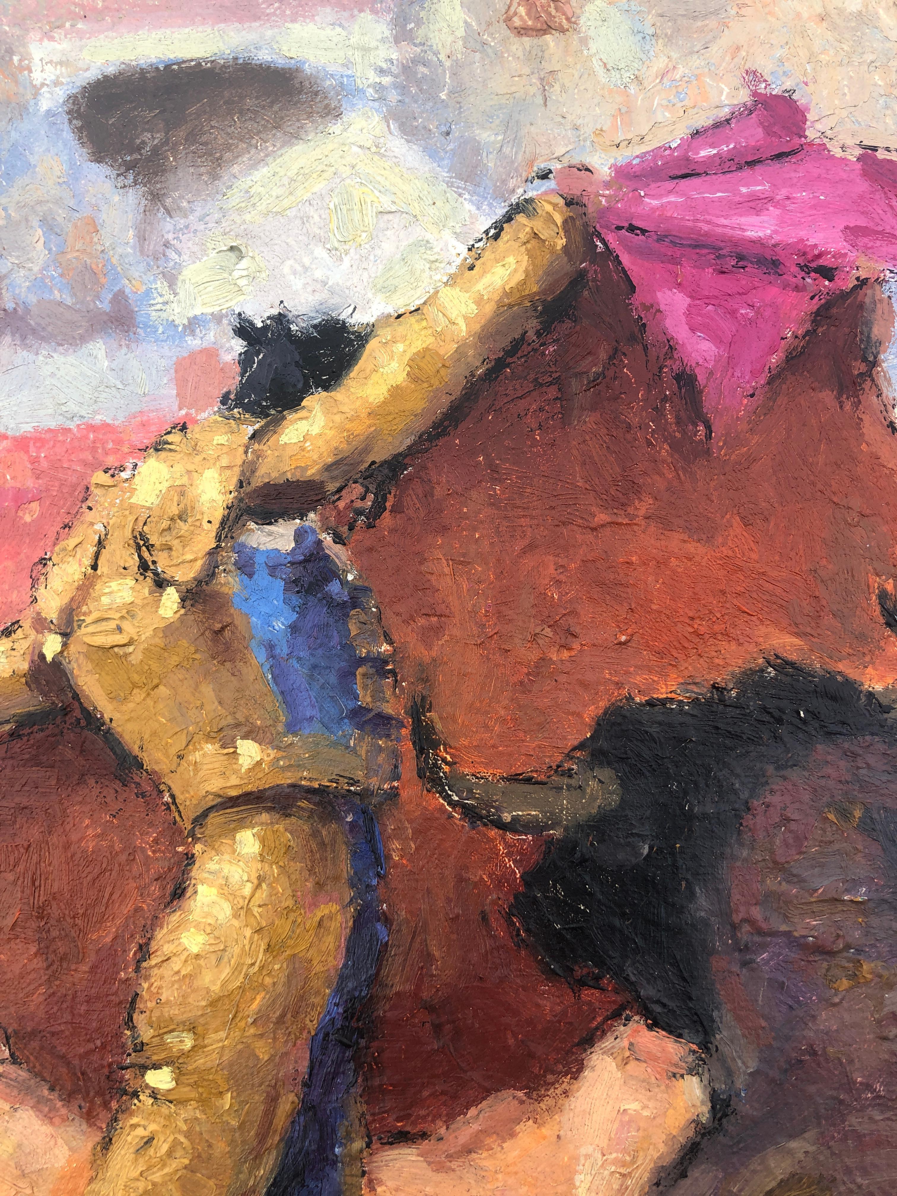 Escena taurina óleo sobre lienzo - Figurative Painting Marrón de Jose Maria Tuser Vazquez