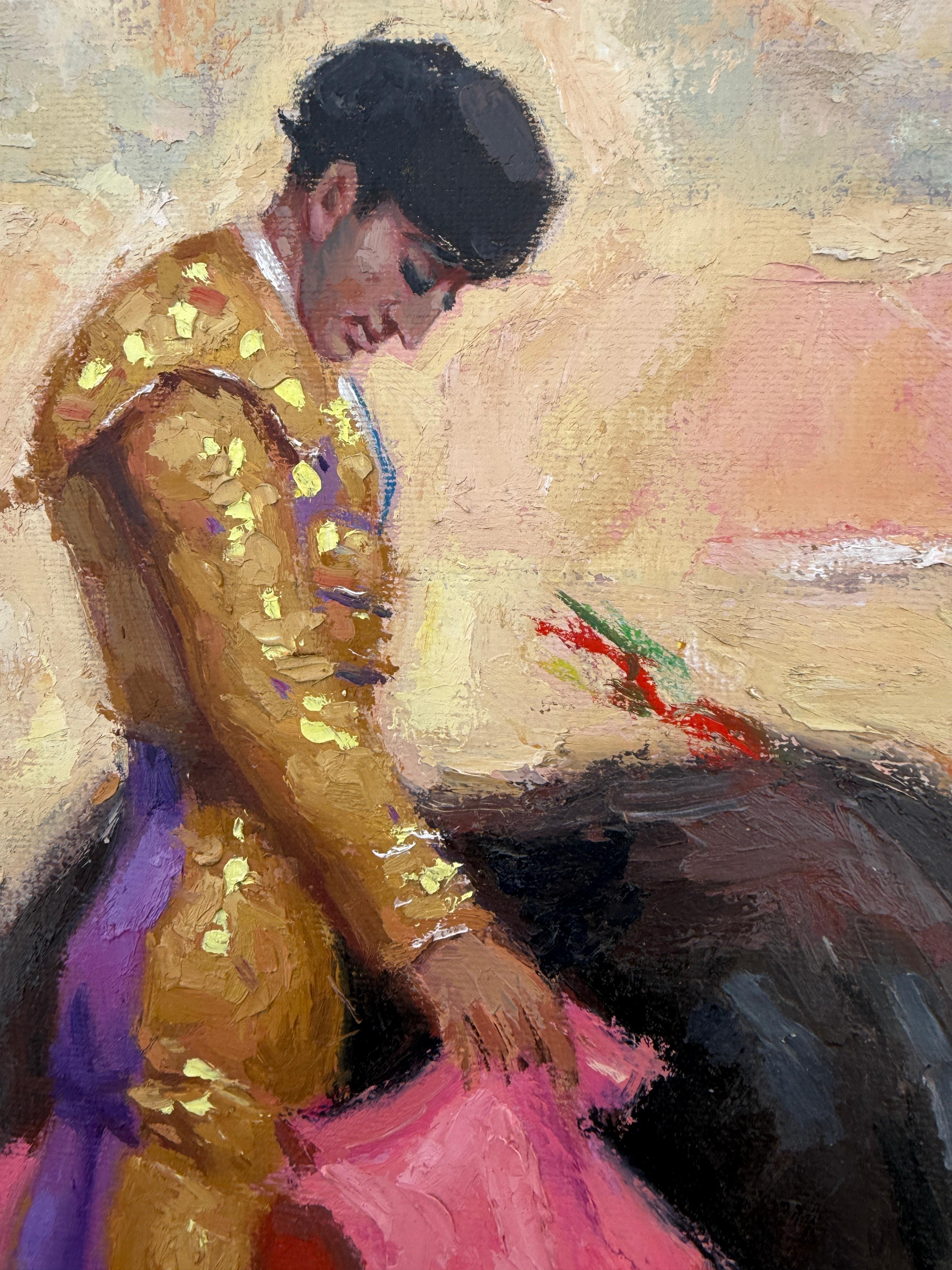 Título: Torero y Toro
Artista: José María Tuser Vázquez (1919-1986)
Técnica: Óleo sobre lienzo montado sobre tabla
Dimensiones: 18,9 x 15 pulgadas
Enmarcado: Sin enmarcar
Movimiento artístico: Costumbrismo, Expresionismo Figurativo
Tema:
