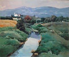 Peinture à l'huile sur toile originale d'un paysage de Sitges, Canyelles, Espagne