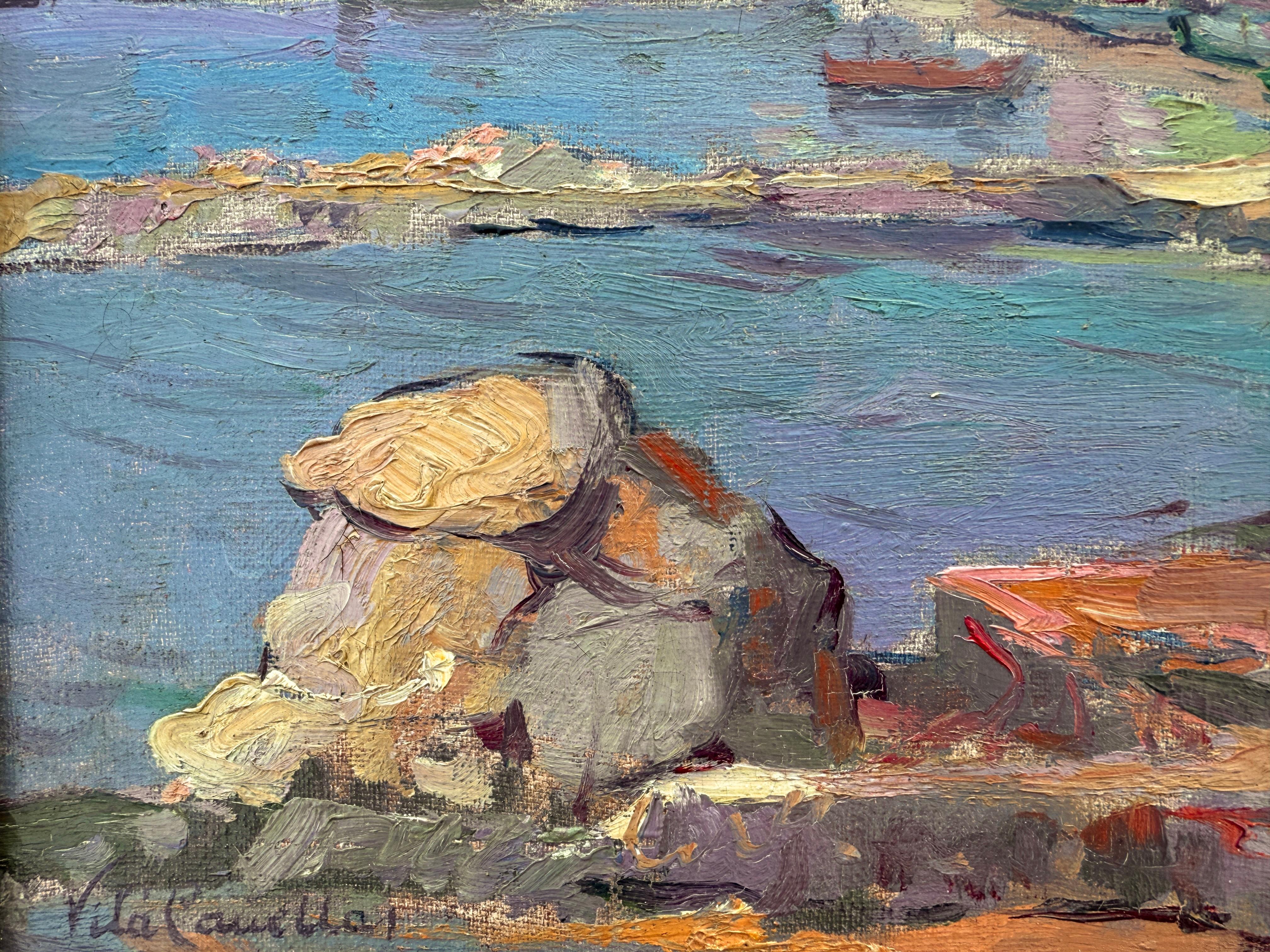 Costa Brava oil on canvas painting Spain mediterranean art - Gray Landscape Painting by José María Vila Cañellas