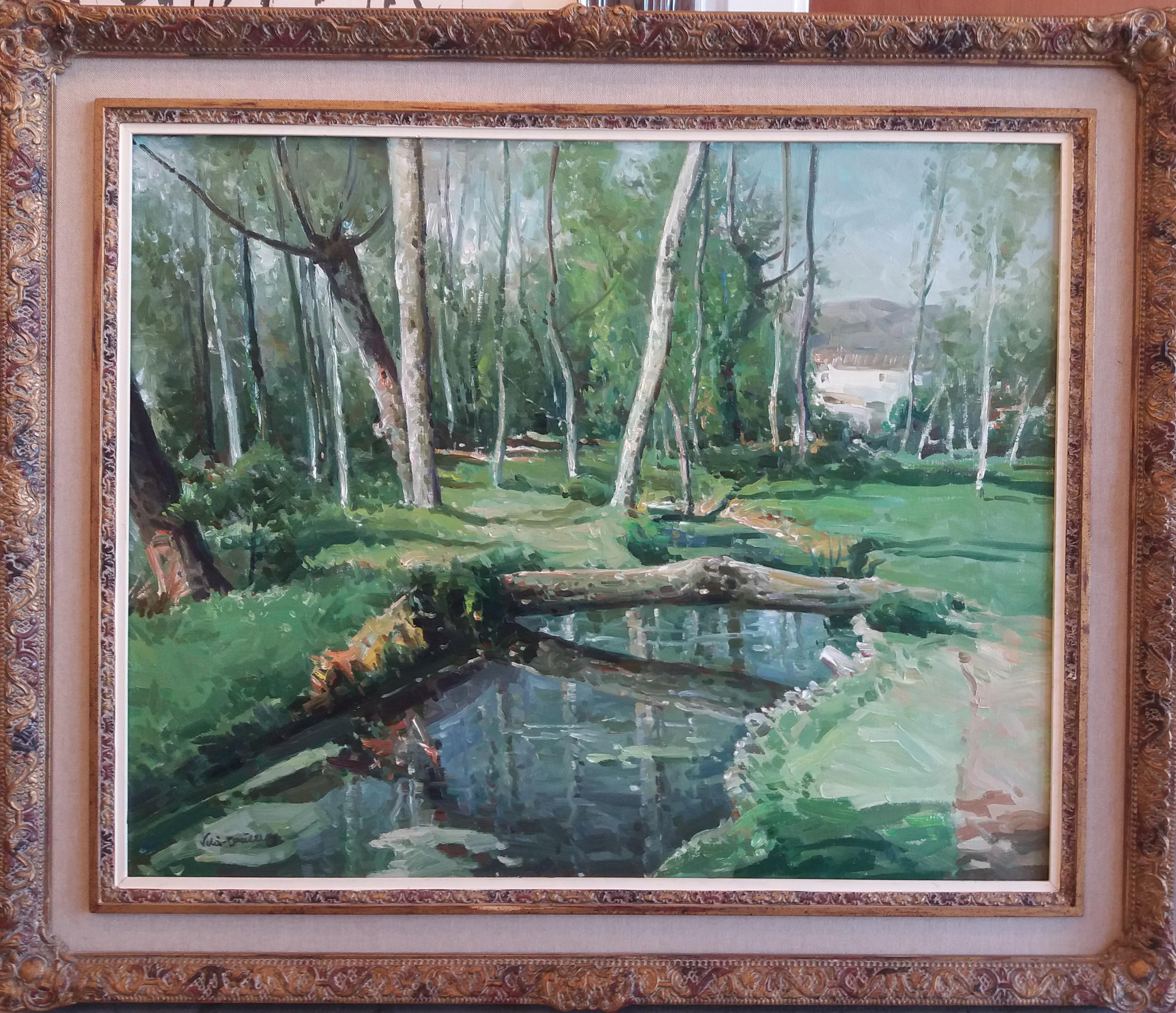 Vila Cañellas River Trees Olot  Landscape. original oil canvas painting - Painting by José María Vila Cañellas