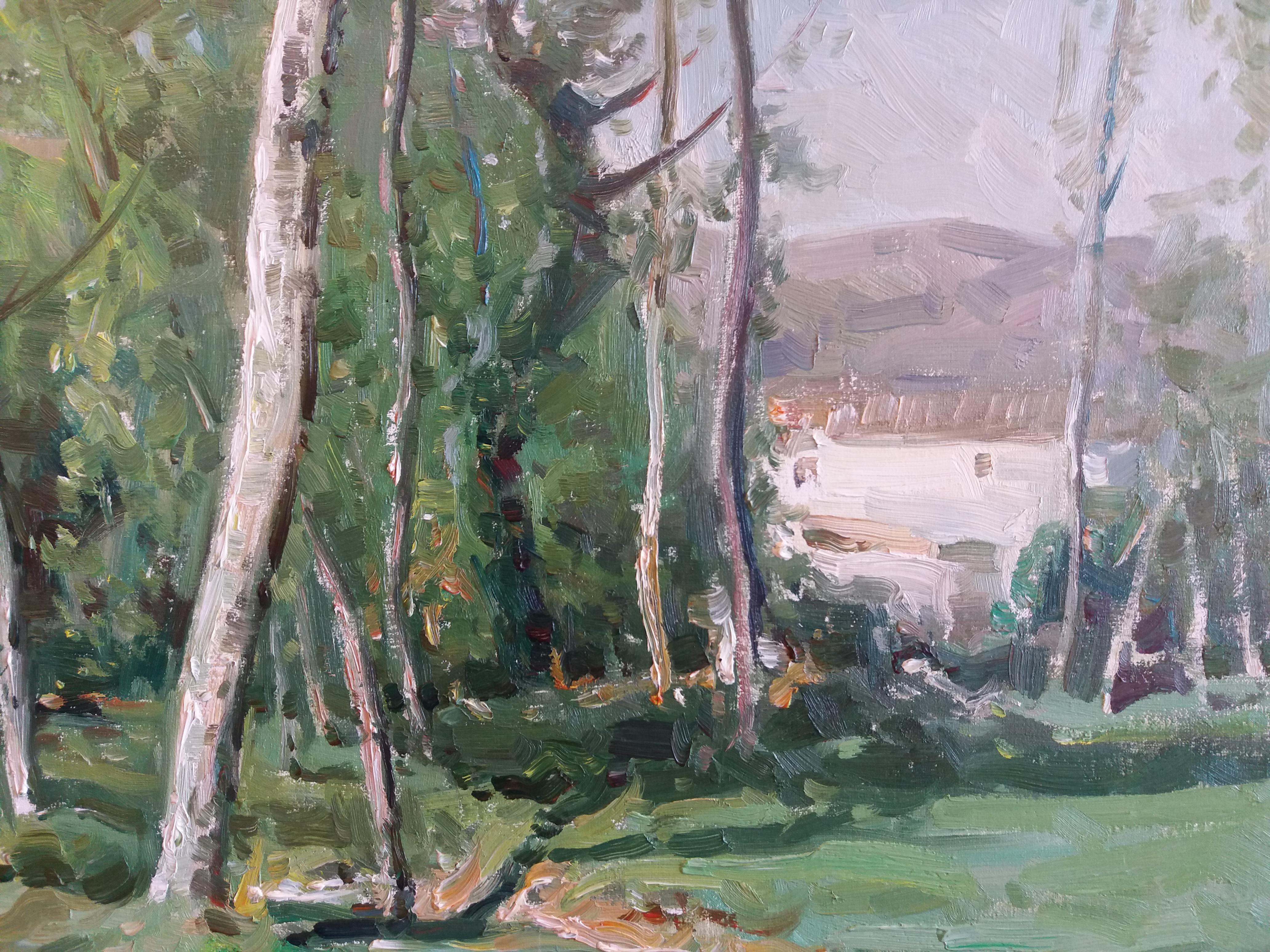 Vila Cañellas River Trees Olot  Landscape. original oil canvas painting - Impressionist Painting by José María Vila Cañellas