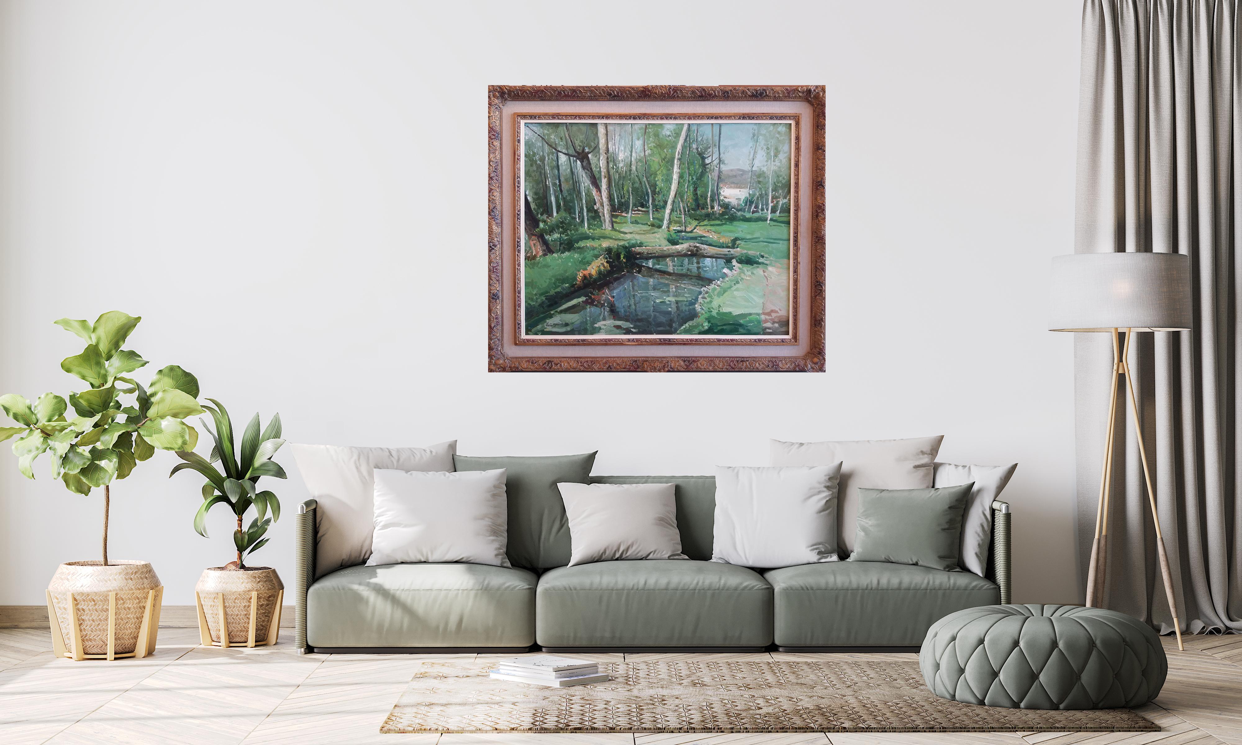 Vila Cañellas River Trees Olot  Landscape. original oil canvas painting For Sale 1