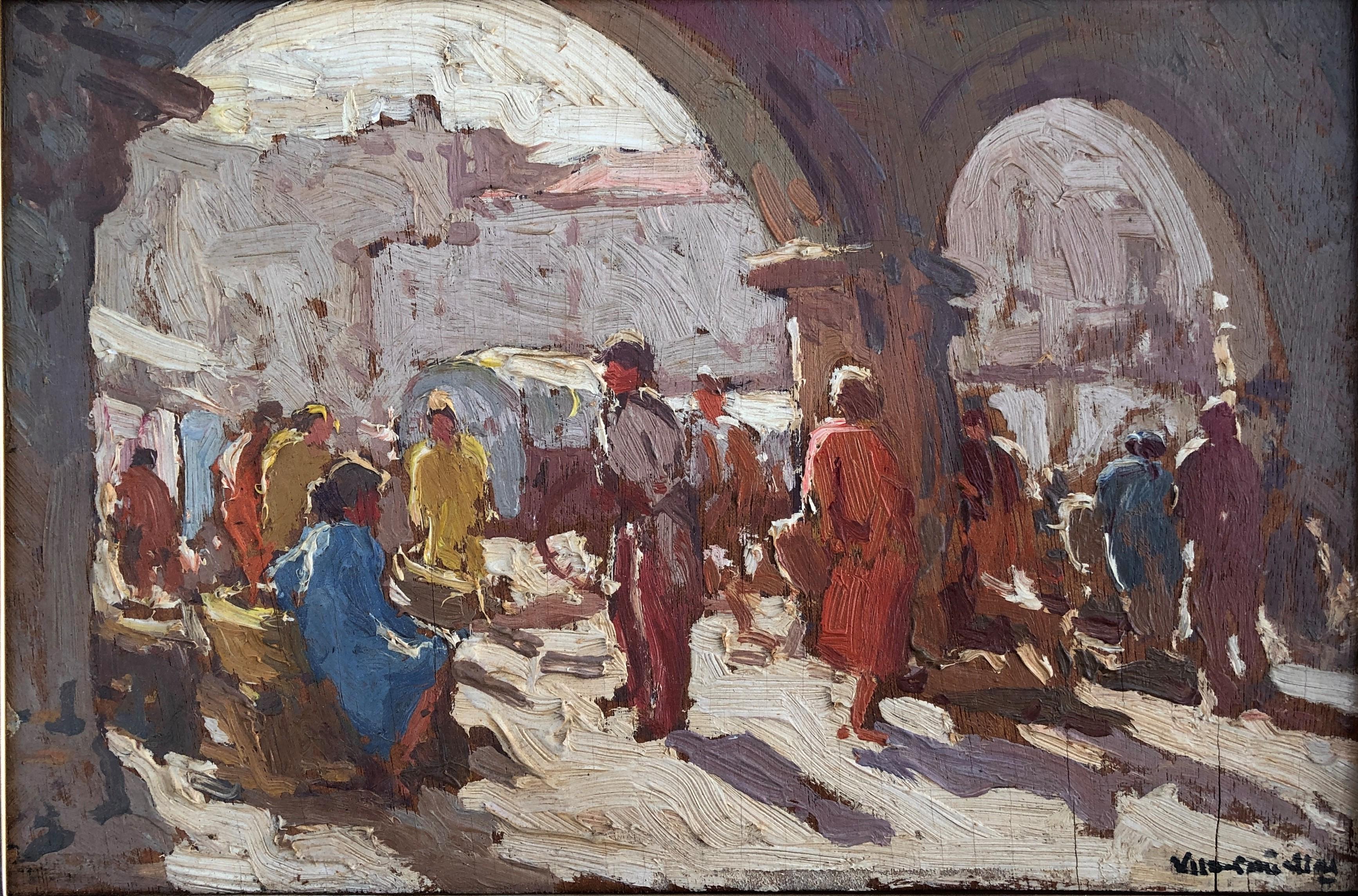 José María Vila Cañellas Figurative Painting - Spanish square urbanscape original oil on board painting