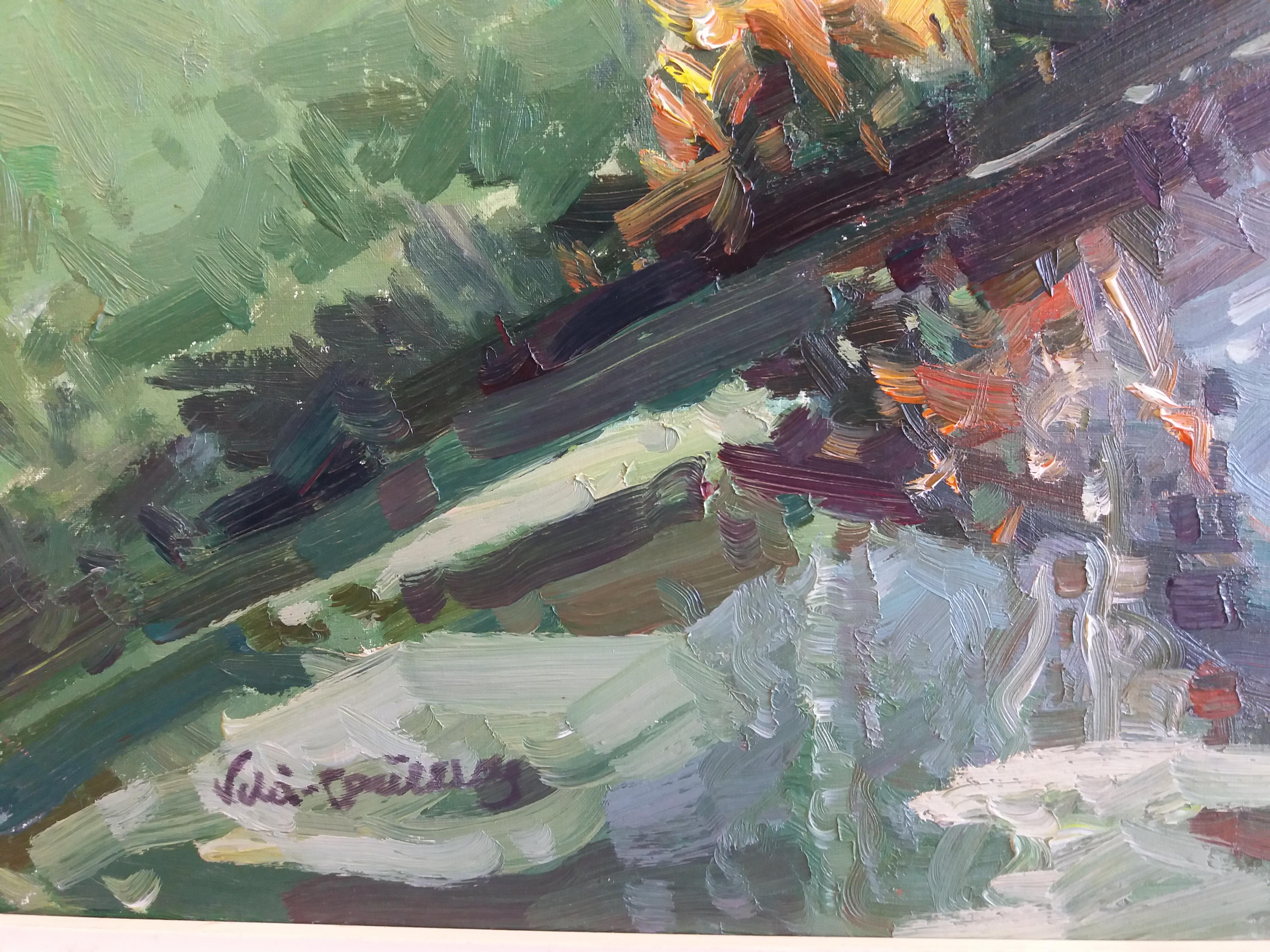 Vila Cañellas   River Trees Olot  Landscape. original oil canvas painting - Gray Landscape Painting by José María Vila Cañellas