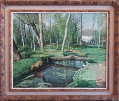 Vila Cañellas   Arbres de la rivière Olot  Paysage. Peinture à l'huile originale