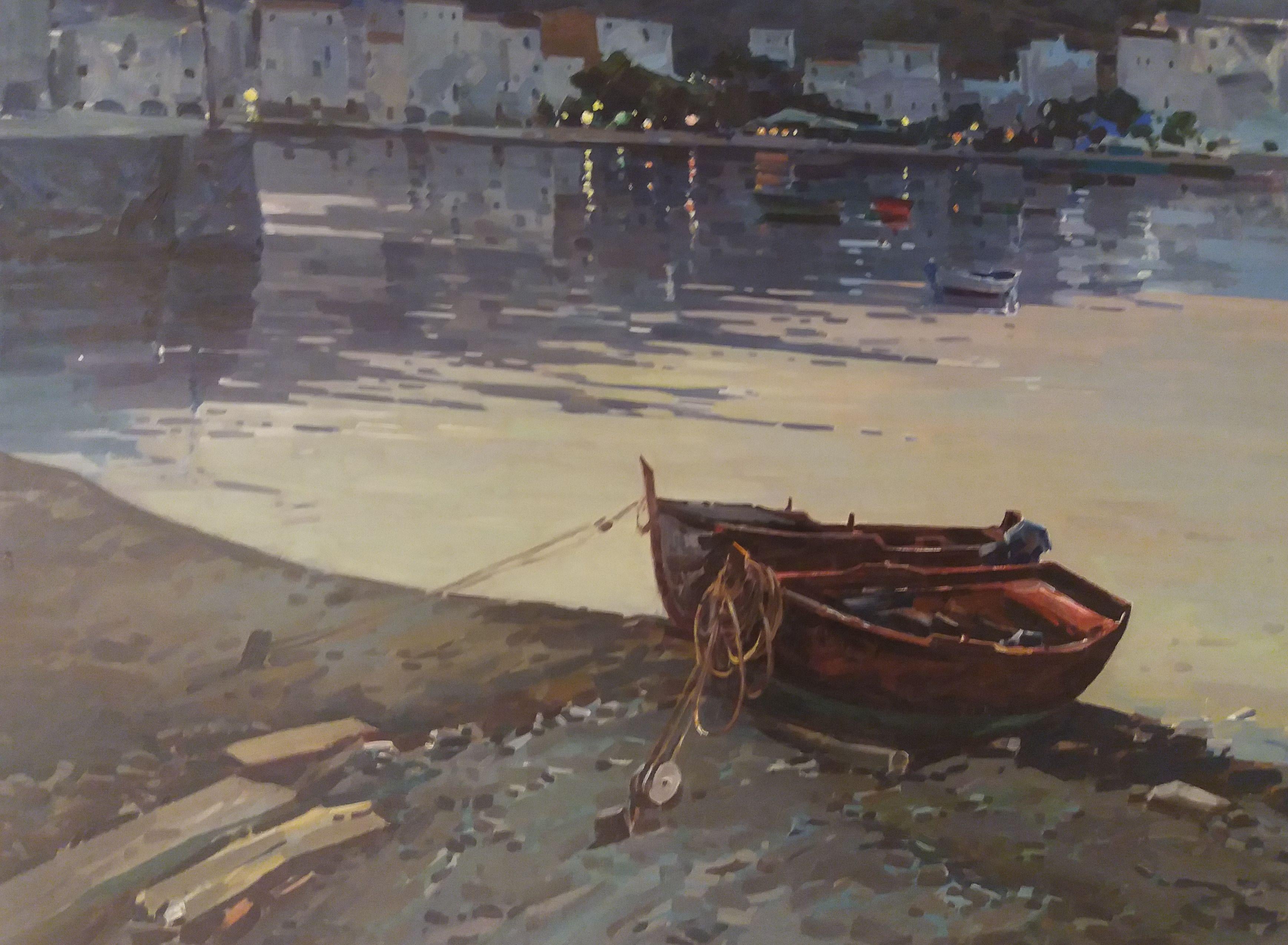 Vila Cañellas  Boat in the Sand CADAQUES original realist acrylic canvas - Painting by José María Vila Cañellas