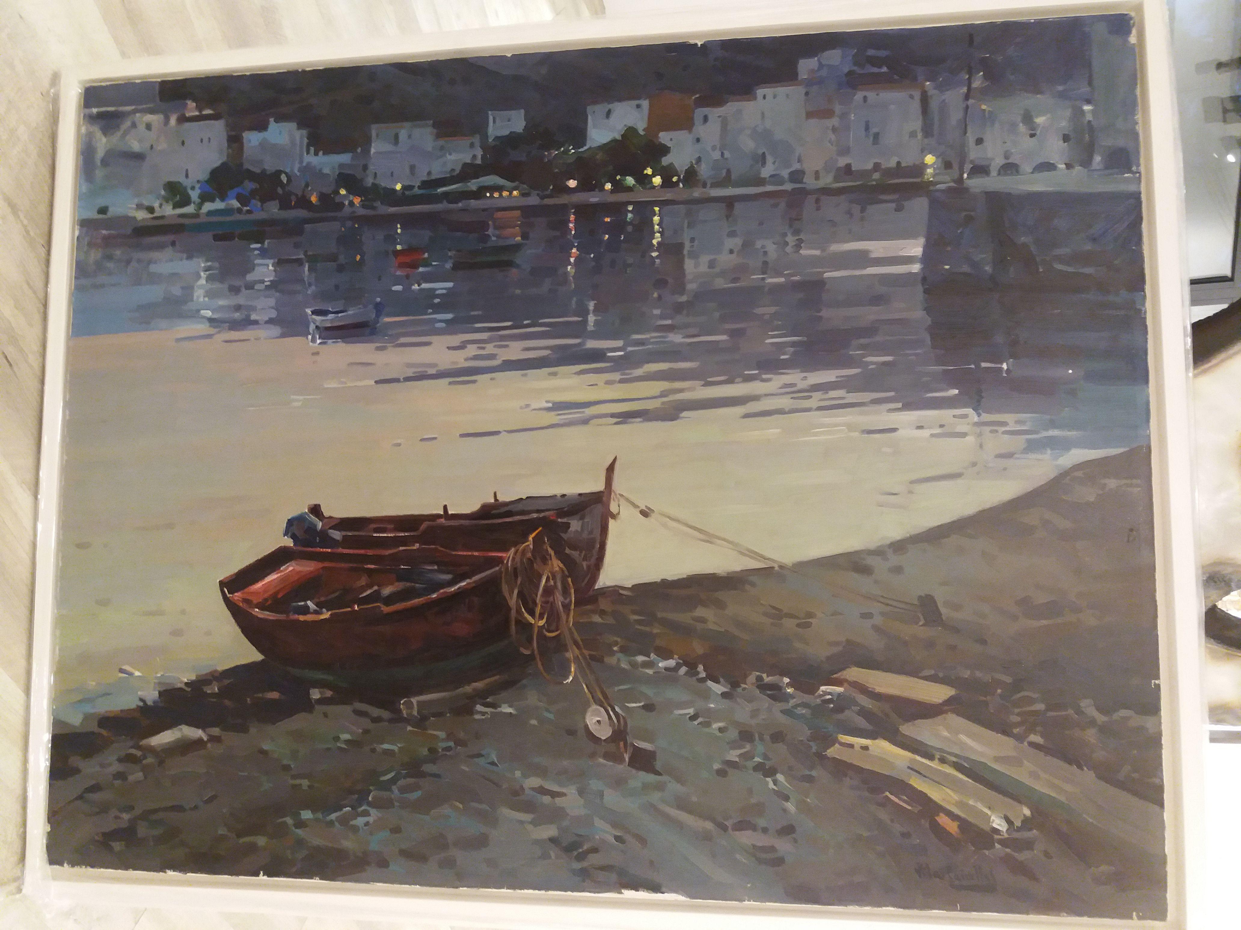 Vila Cañellas  Boat in the Sand CADAQUES original realist acrylic canvas - Impressionist Painting by José María Vila Cañellas
