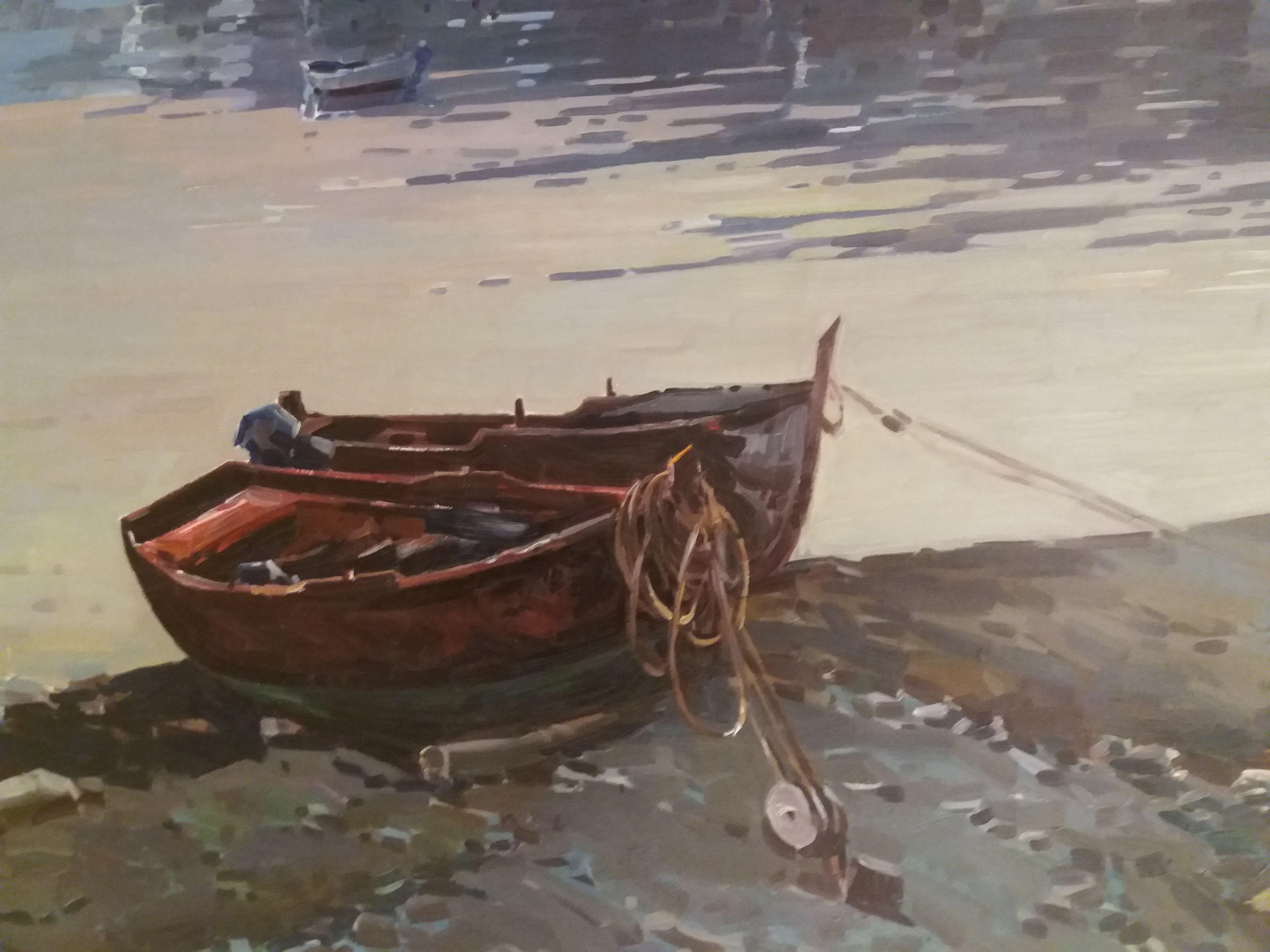 Vila Cañellas  Boat in the Sand CADAQUES original realist acrylic canvas - Black Landscape Painting by José María Vila Cañellas