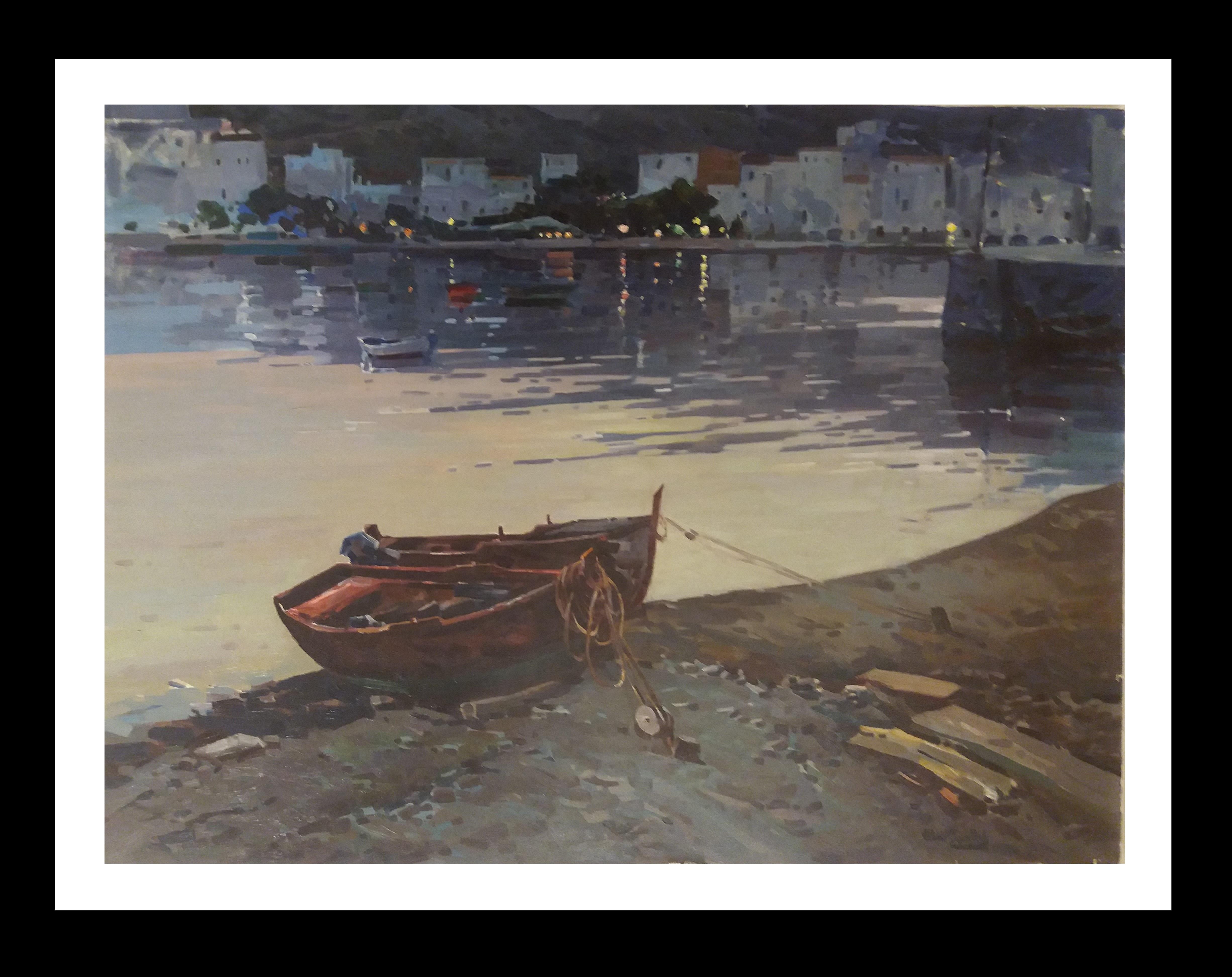 José María Vila Cañellas Landscape Painting - Vila Cañellas  Boat in the Sand CADAQUES original realist acrylic canvas