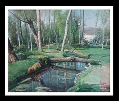Vila Cañellas 58 River Trees Olot  Paysage. Peinture à l'huile originale