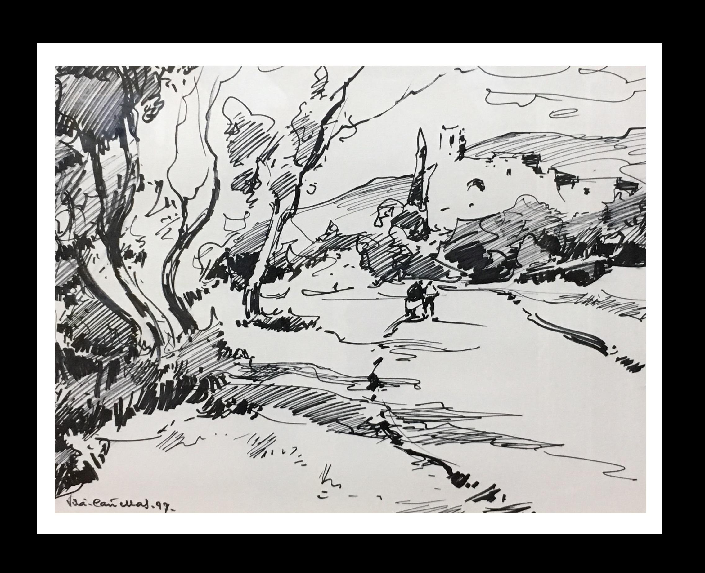 Vila Cañellas  Natürliche Landschaft  Original-Tinte-Gemälde von 1997