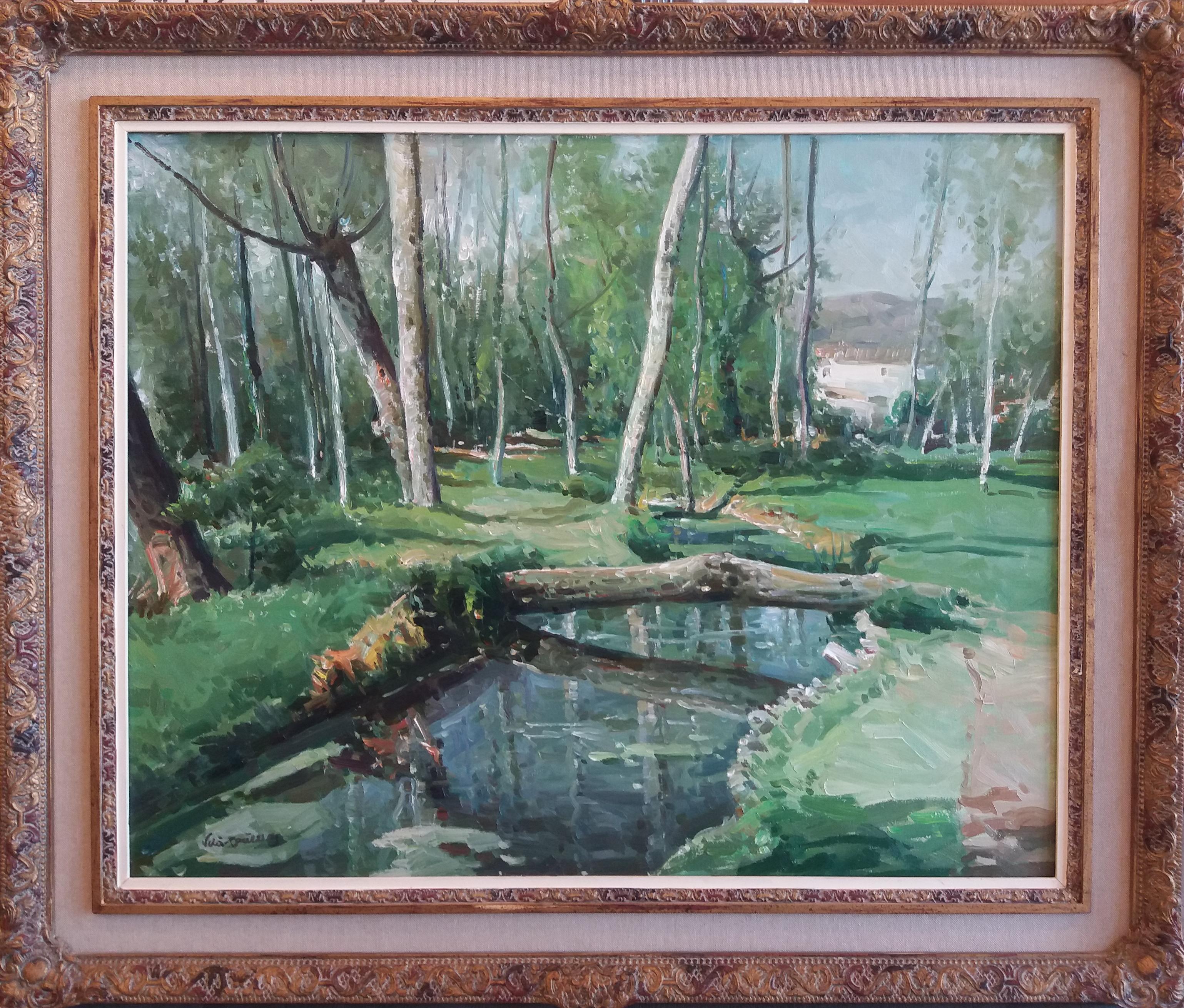 José María Vila Cañellas Landscape Painting – Vila Cañellas   Flussbäume Olot  Landschaft. Originales Ölgemälde auf Leinwand