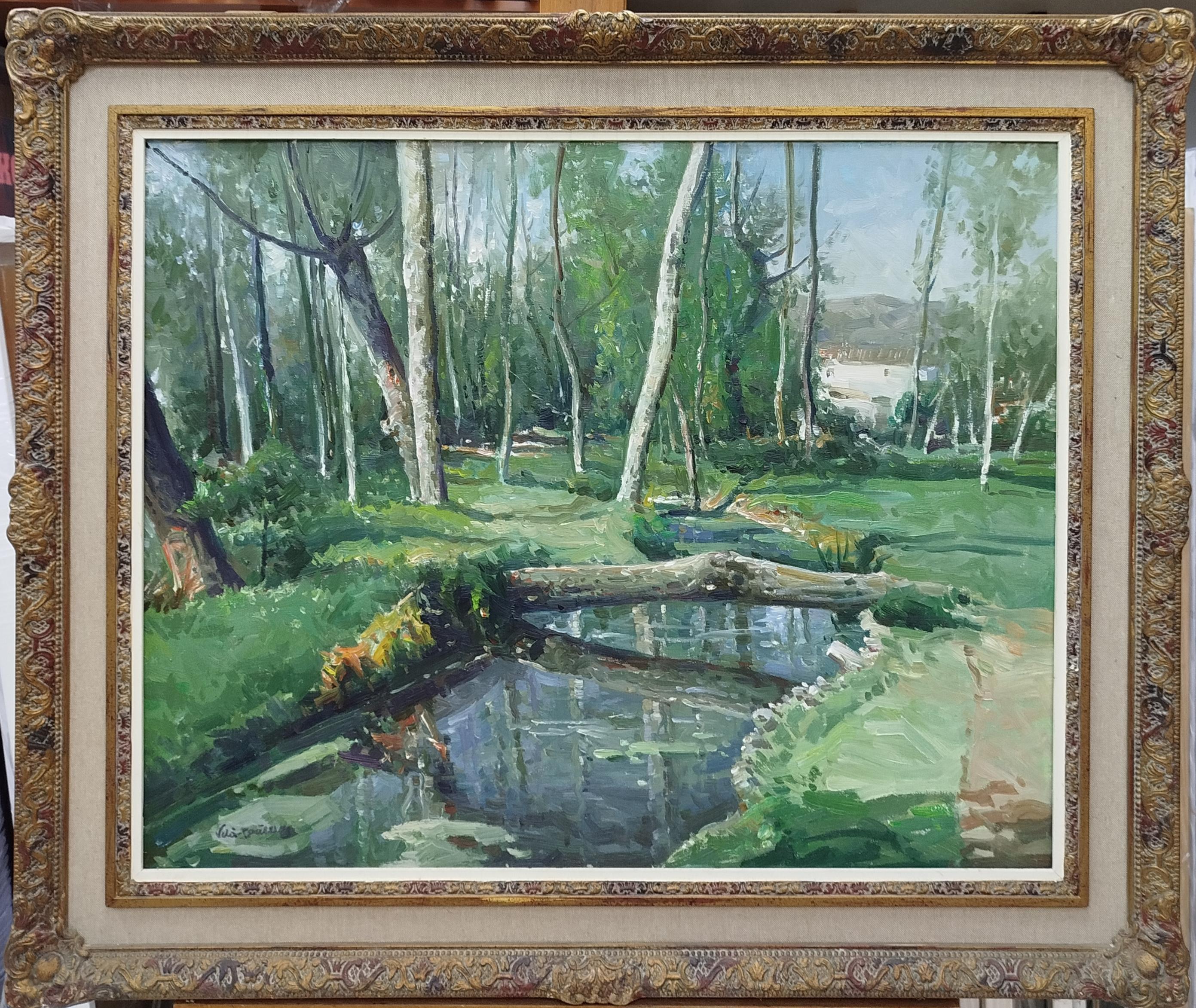 Vila Cañellas Flussbäume Olot Landschaft. Originales Ölgemälde auf Leinwand