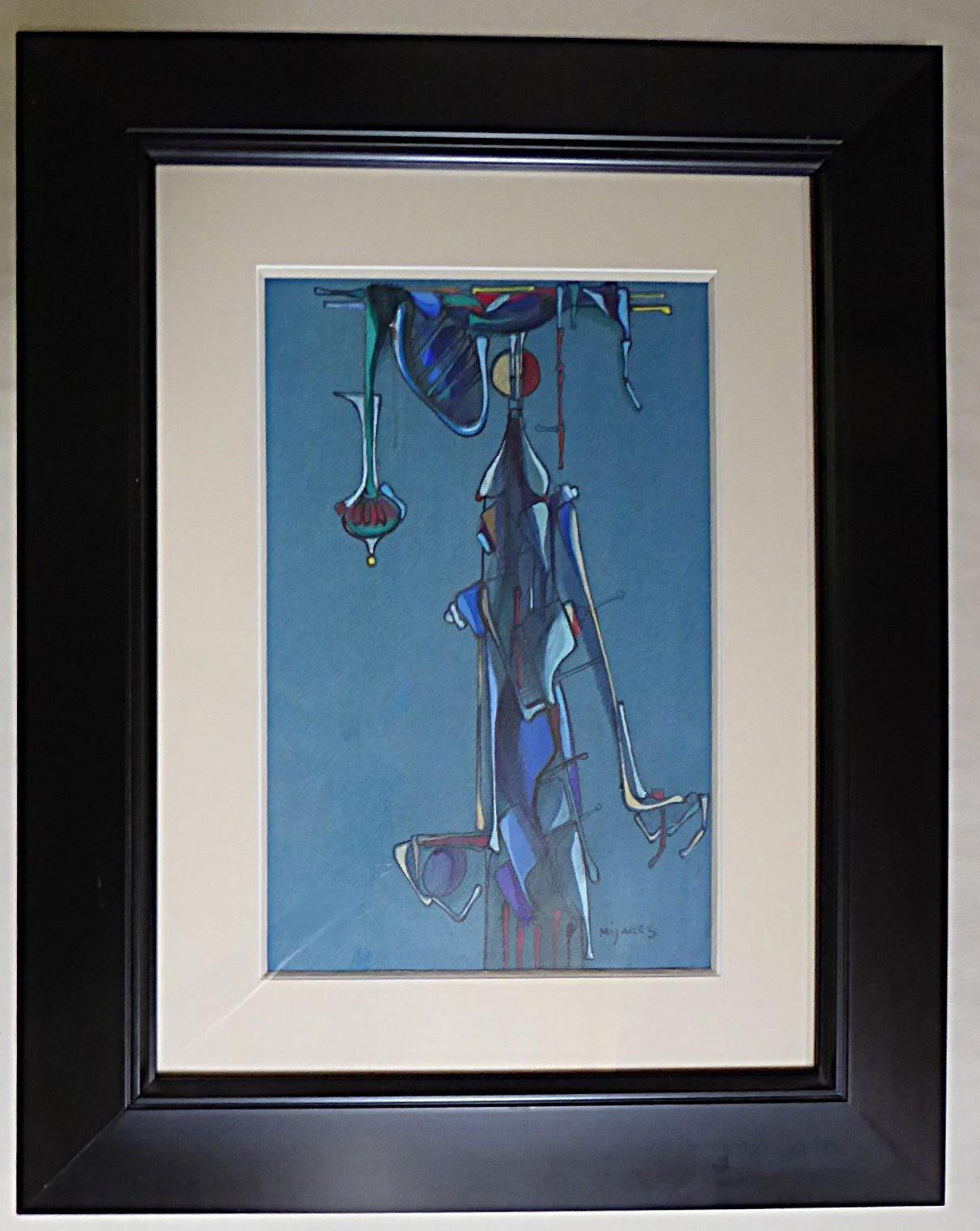 Cuban American contemporary visual artist, Jose Mijares a painting depicting a surrealist woman with an abstract attachment hanging over head. The work created probably in the late 60s early 70s using gouache on art paper with acru, terracota, red,