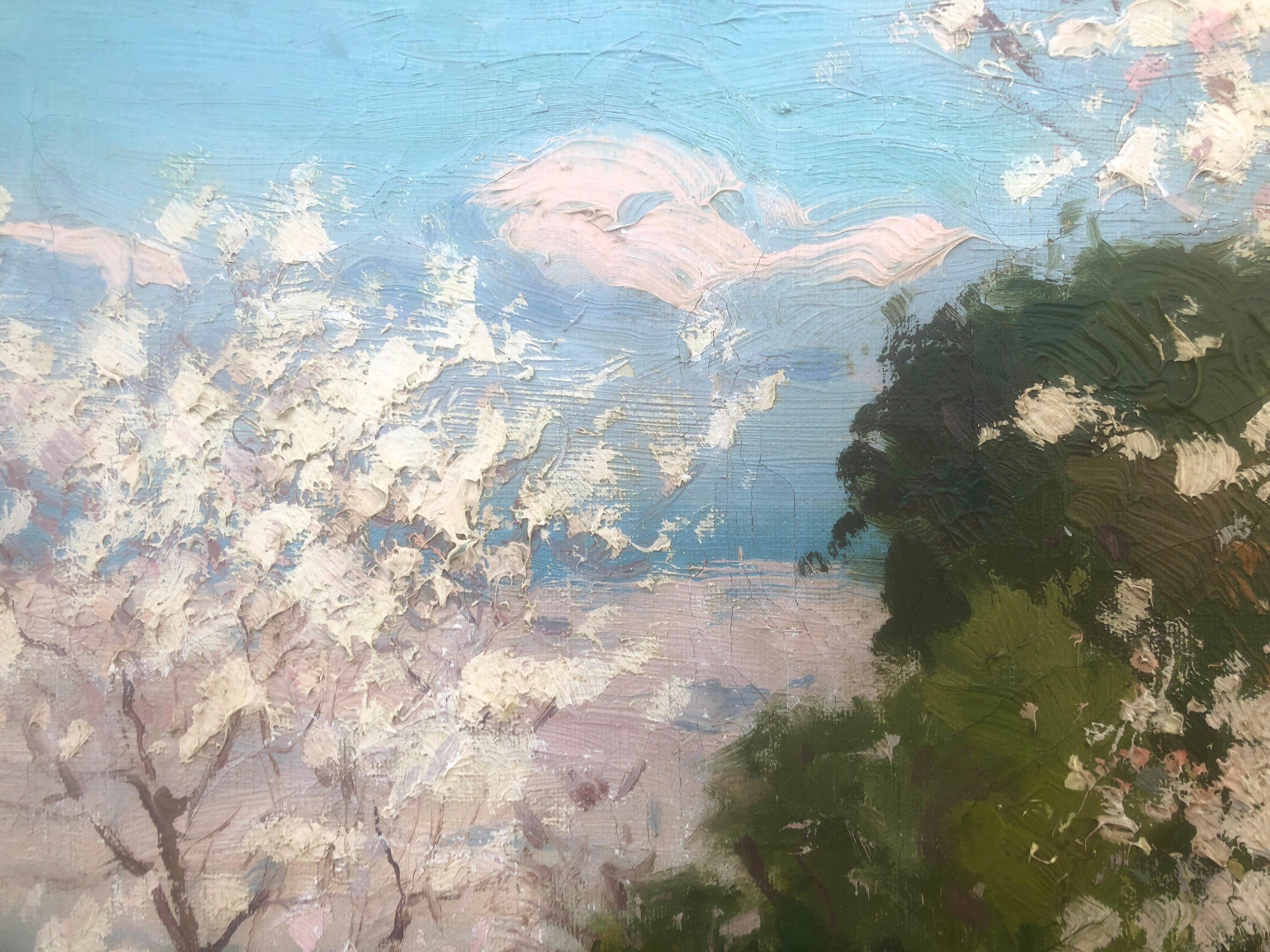 Almond trees in bloom Mallorca oil on canvas painting Spain landscape spanish - Impressionist Painting by Jose Miret Aleu