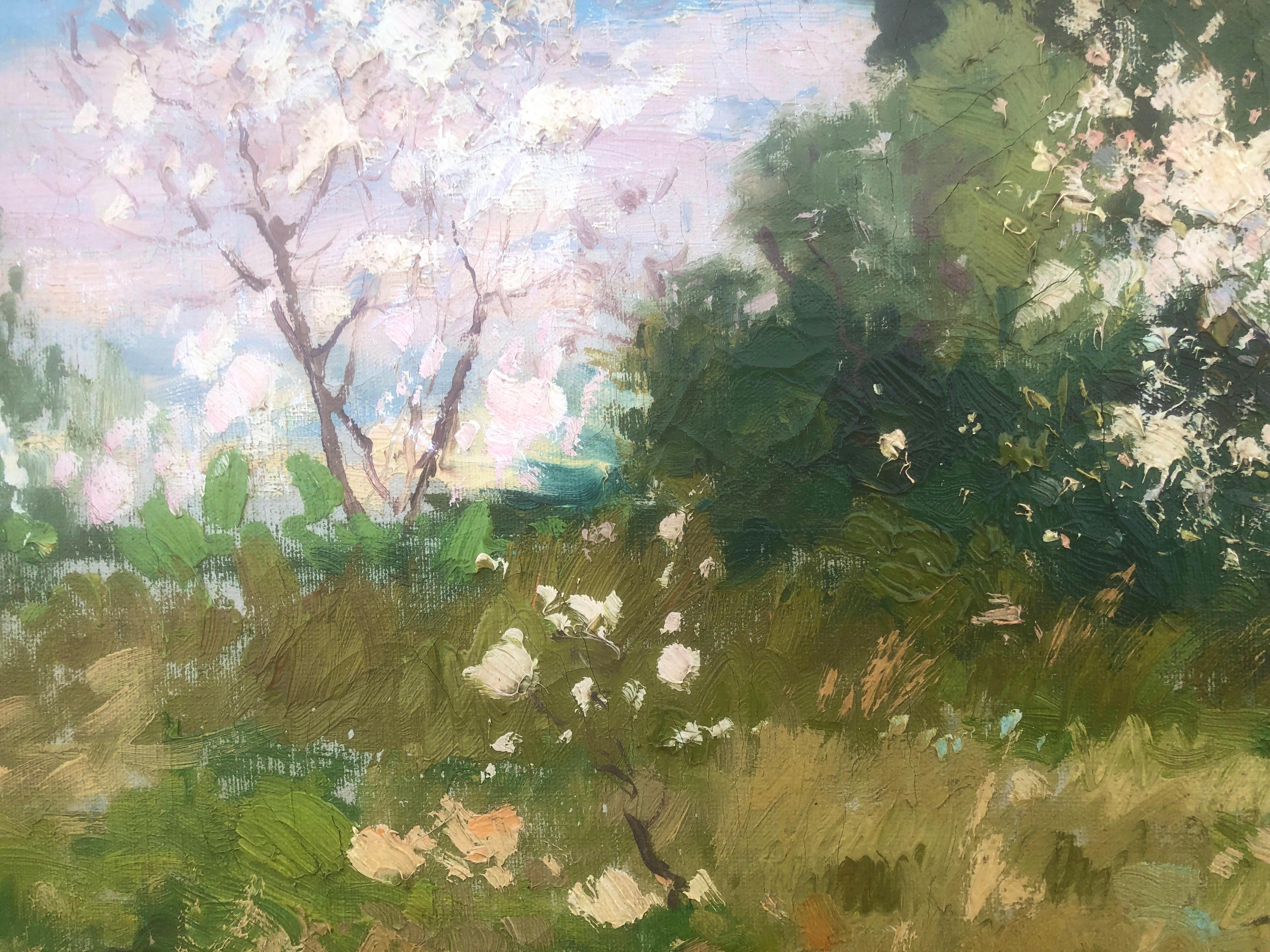 Almond trees in bloom Mallorca oil on canvas painting Spain landscape spanish For Sale 2