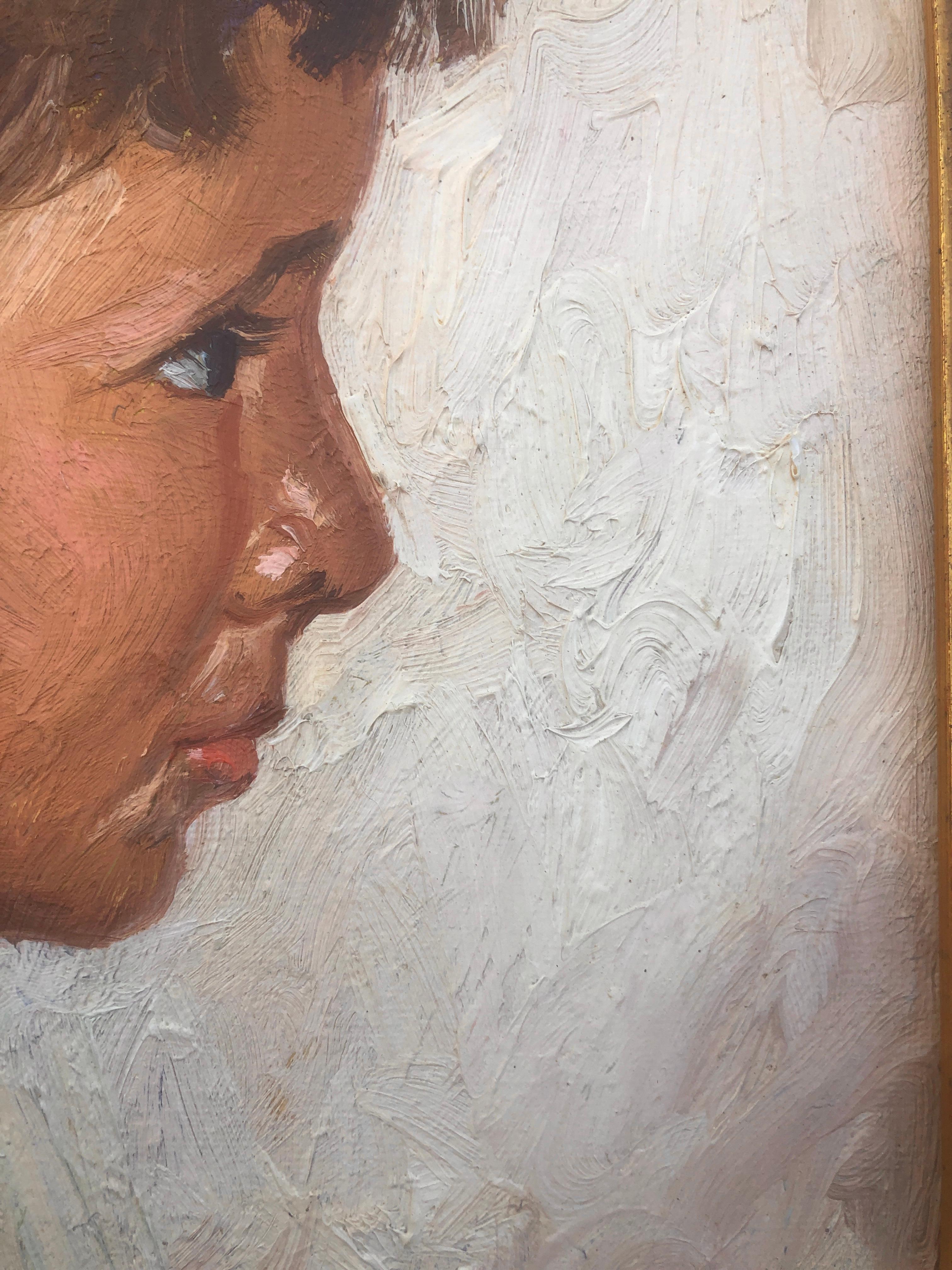 Mädchen im Profil, Öl auf Leinwand, Gemälde (Beige), Portrait Painting, von Jose Miret Aleu