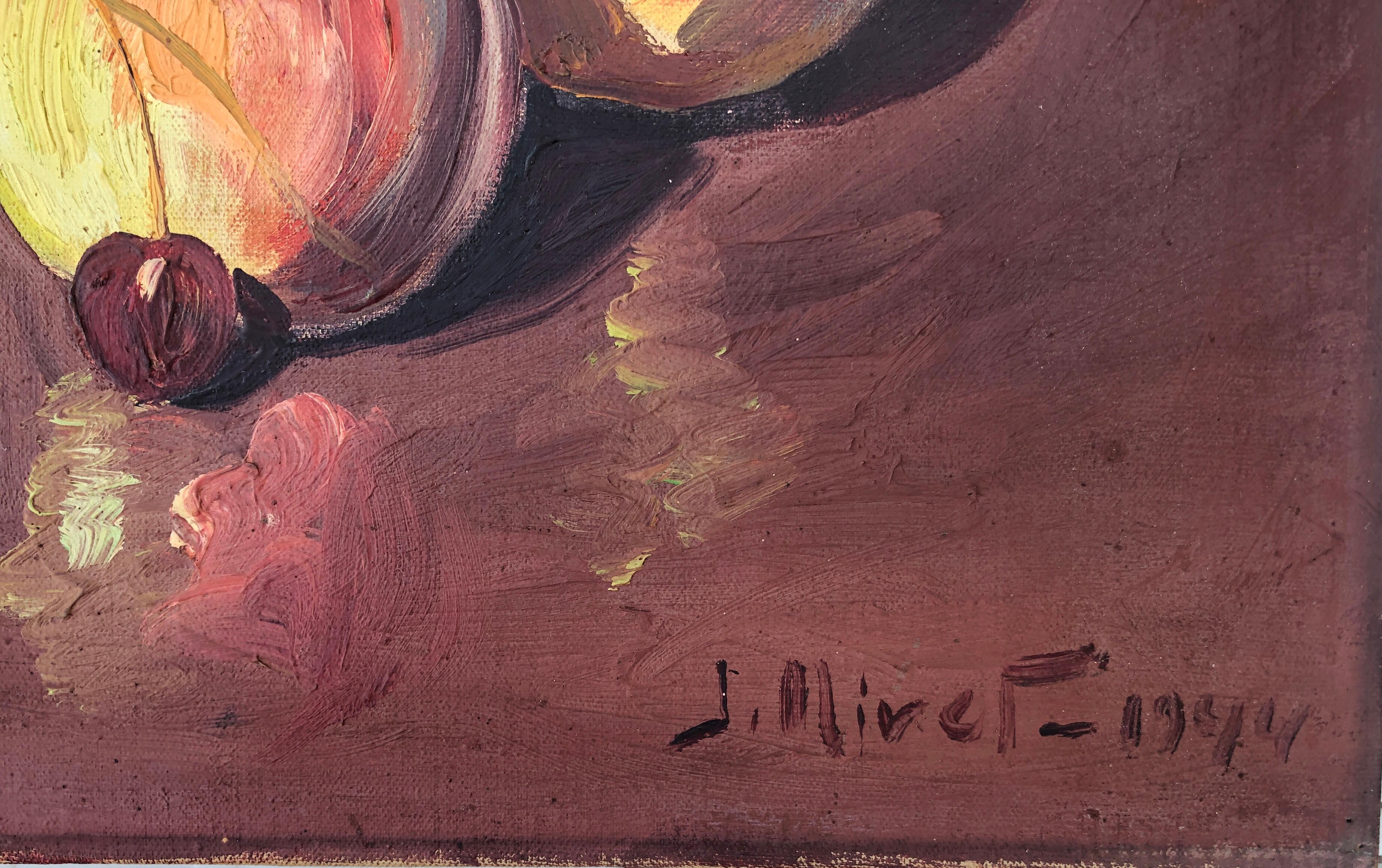 Bodegón de melocotones y cerezas óleo sobre lienzo - Painting de Jose Miret Aleu