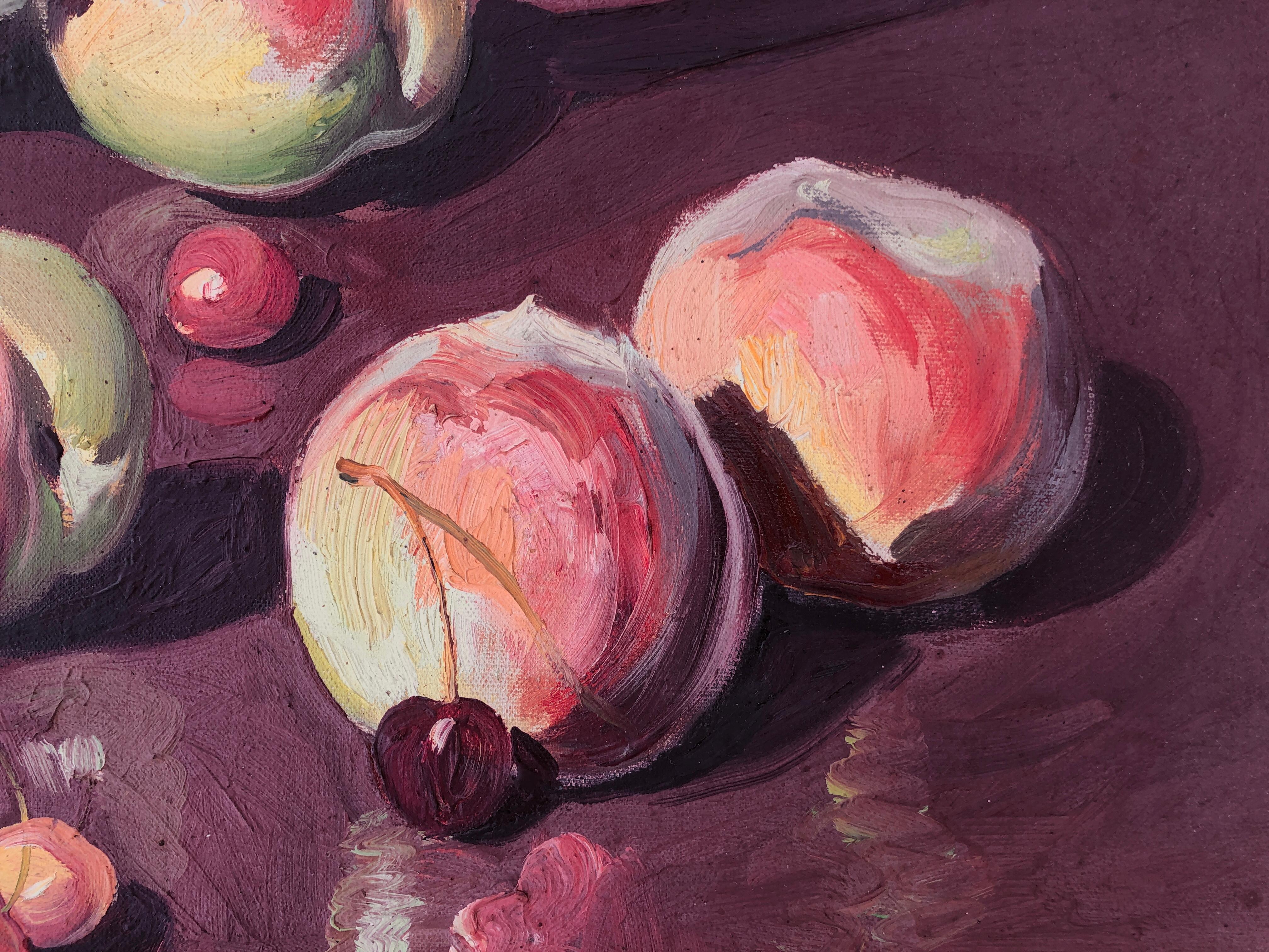 Bodegón de melocotones y cerezas óleo sobre lienzo - Painting Impresionista de Jose Miret Aleu