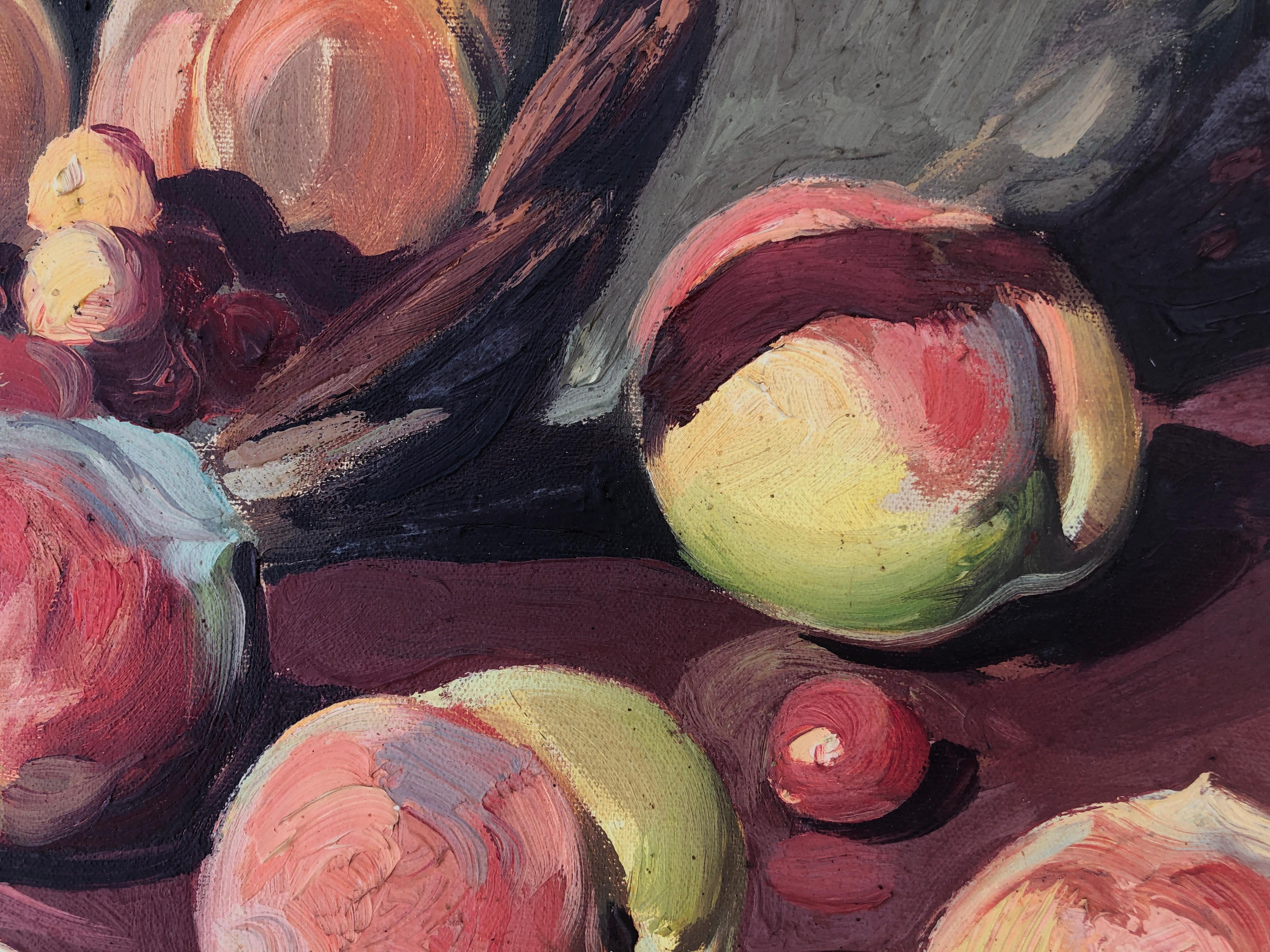 Bodegón de melocotones y cerezas óleo sobre lienzo - Still-Life Painting Negro de Jose Miret Aleu