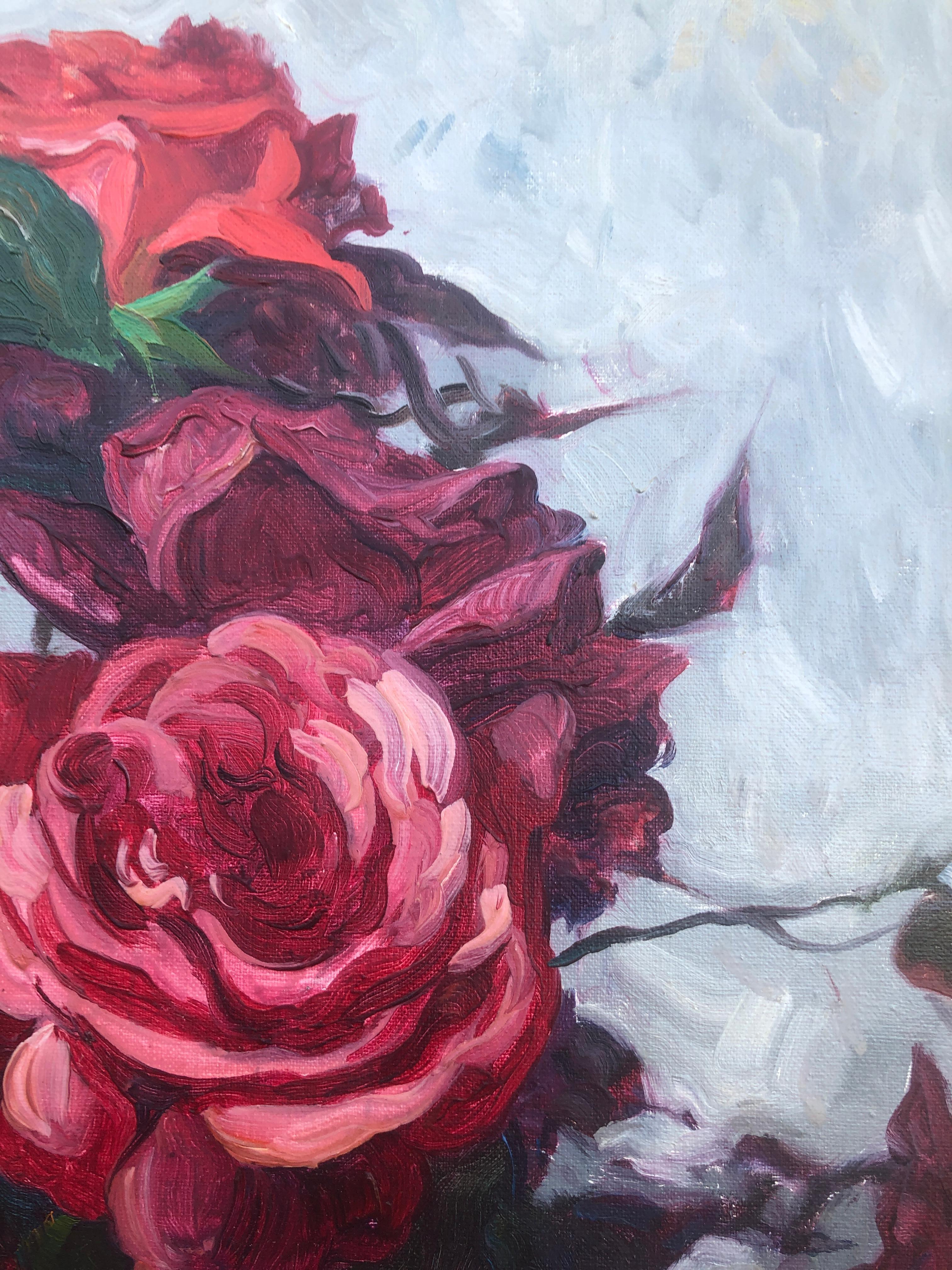 Stillleben von Rosen Öl auf Leinwand Gemälde im Angebot 1