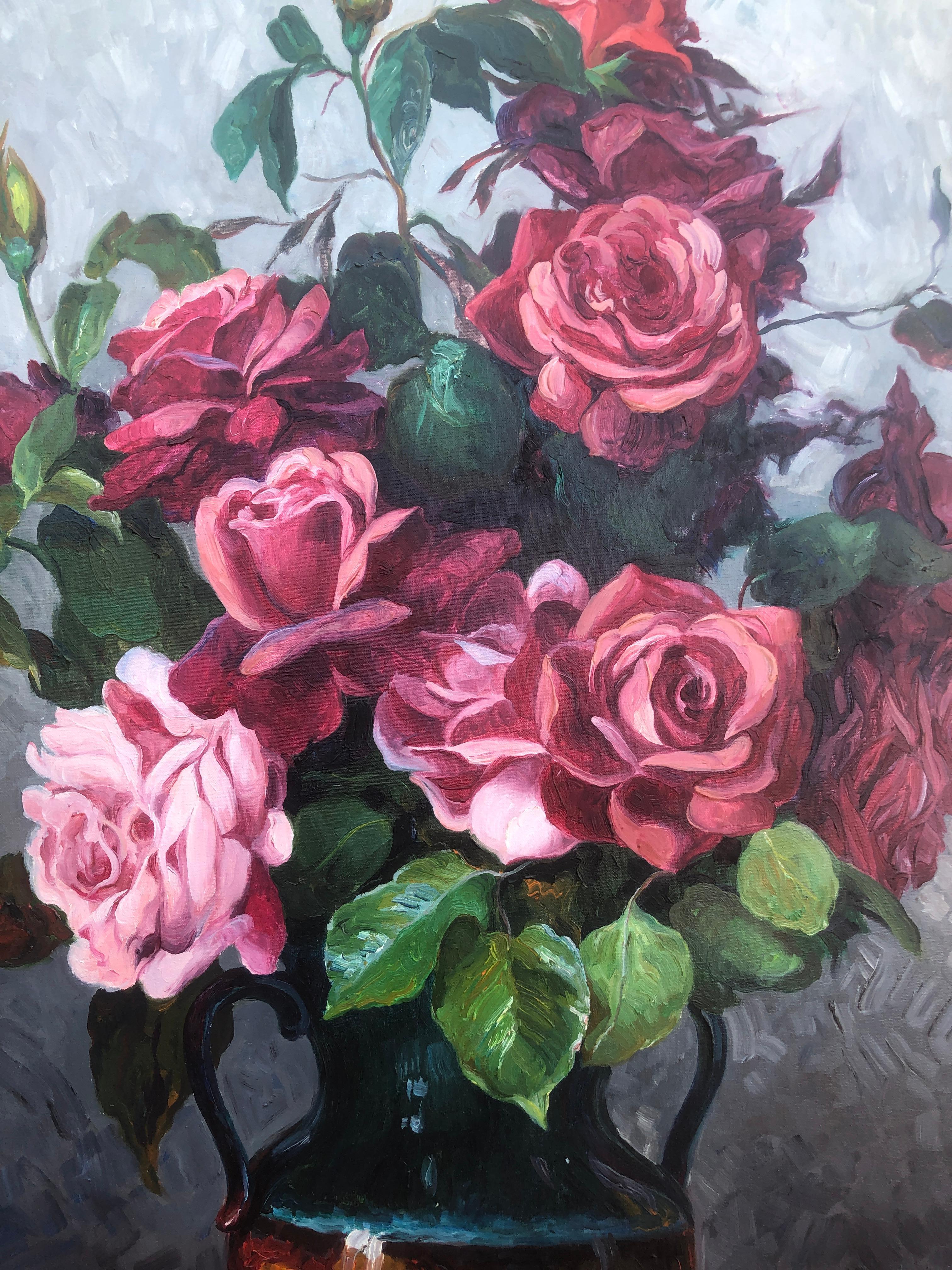 still life of roses oil on canvas painting - Black Still-Life Painting by Jose Miret Aleu